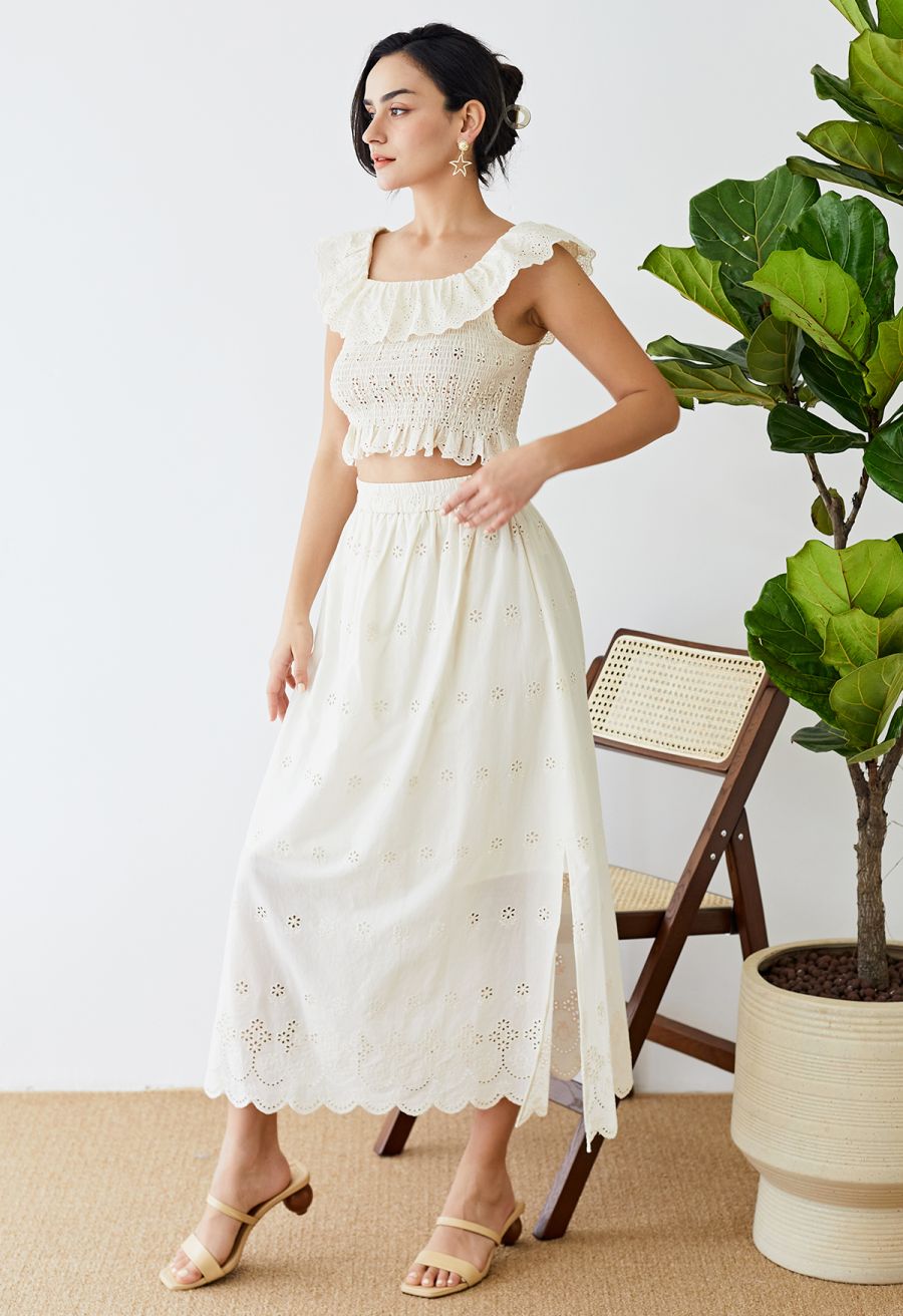 Side Slit Floret Embroidered Eyelet Maxi Skirt in Cream