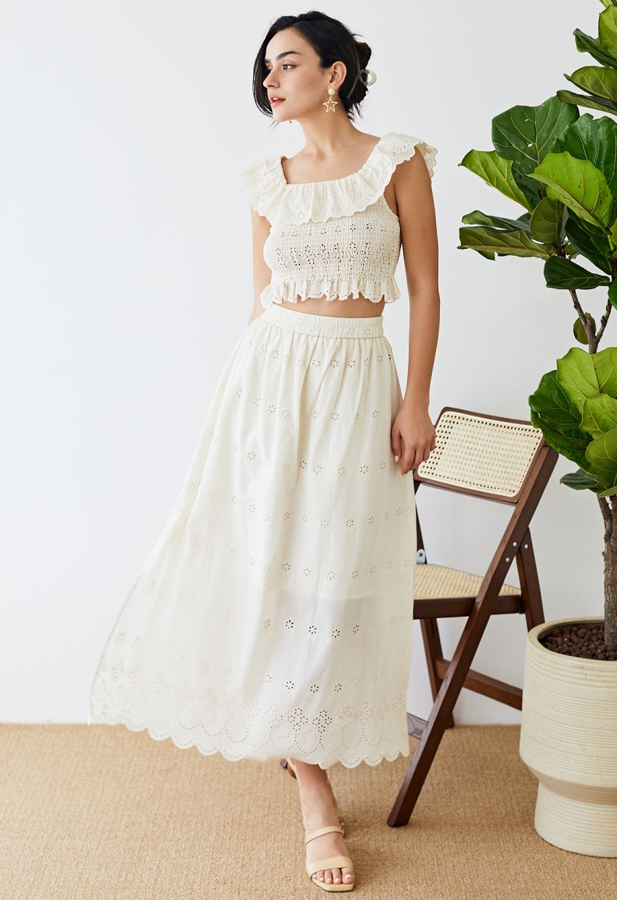 Side Slit Floret Embroidered Eyelet Maxi Skirt in Cream
