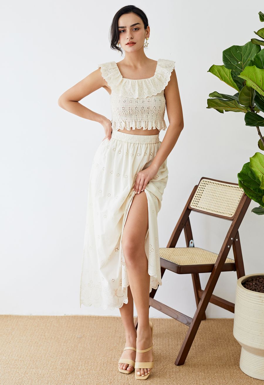 Side Slit Floret Embroidered Eyelet Maxi Skirt in Cream