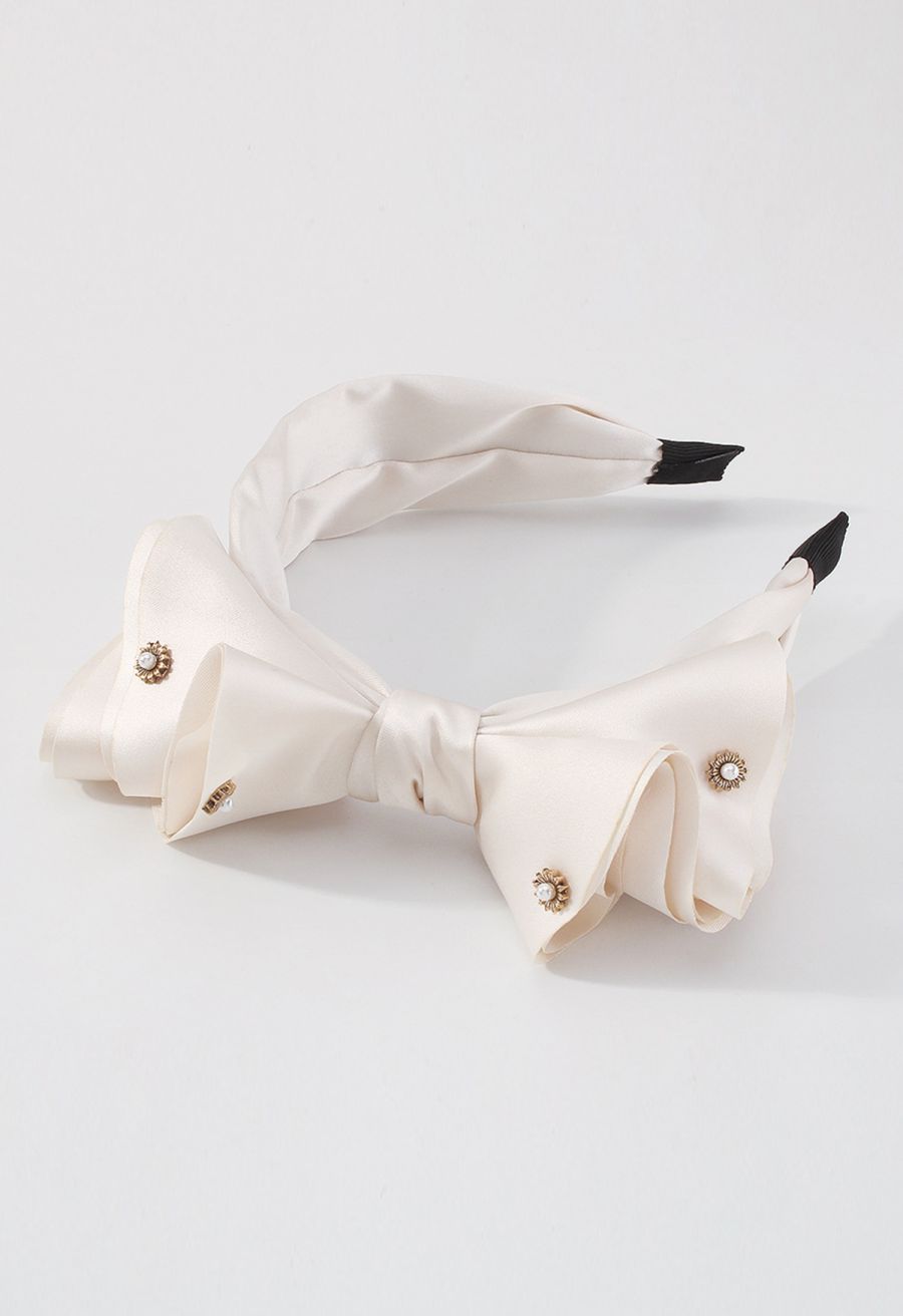 Fancy Bowknot Pearl Satin Headband in Ivory