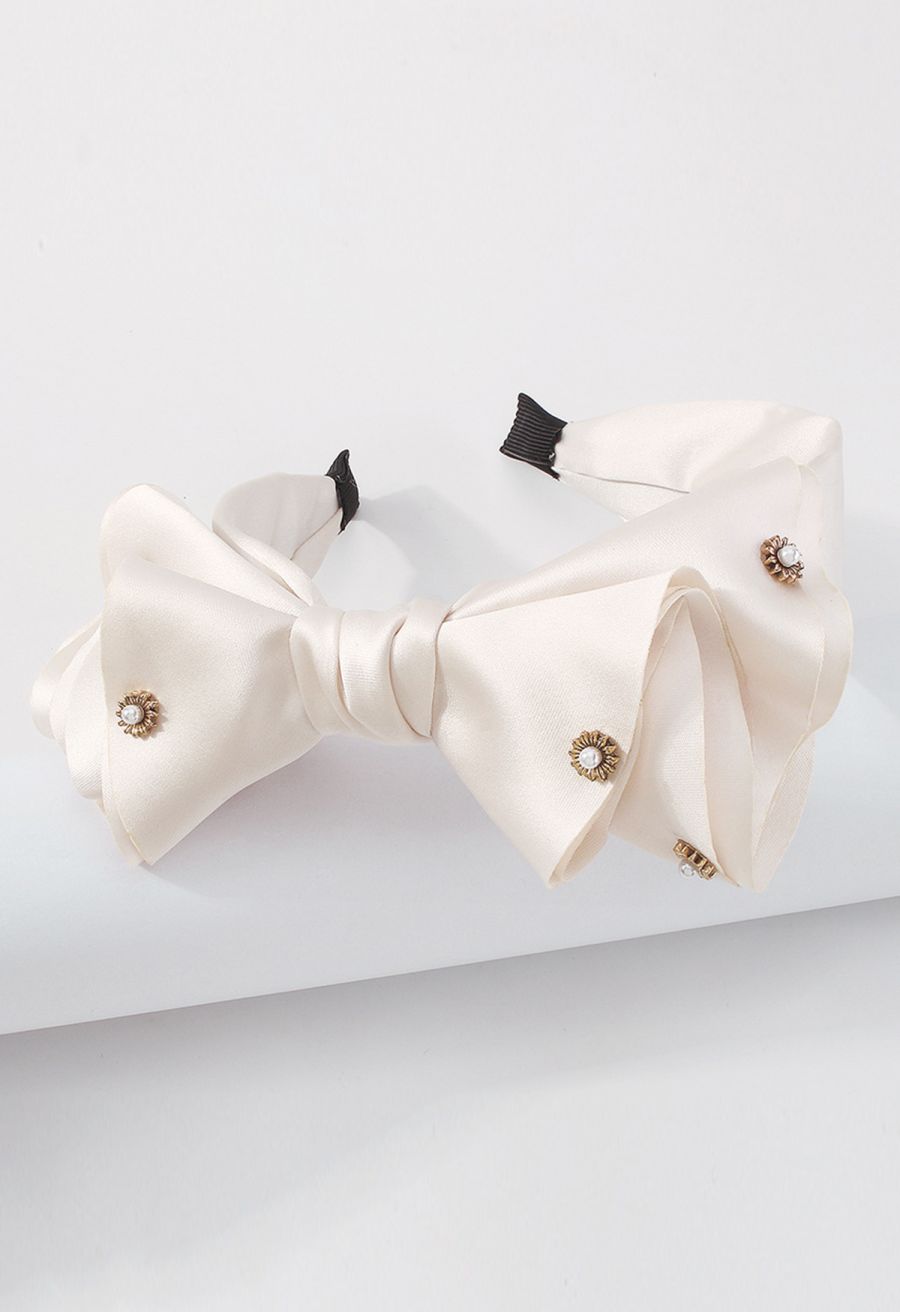 Fancy Bowknot Pearl Satin Headband in Ivory