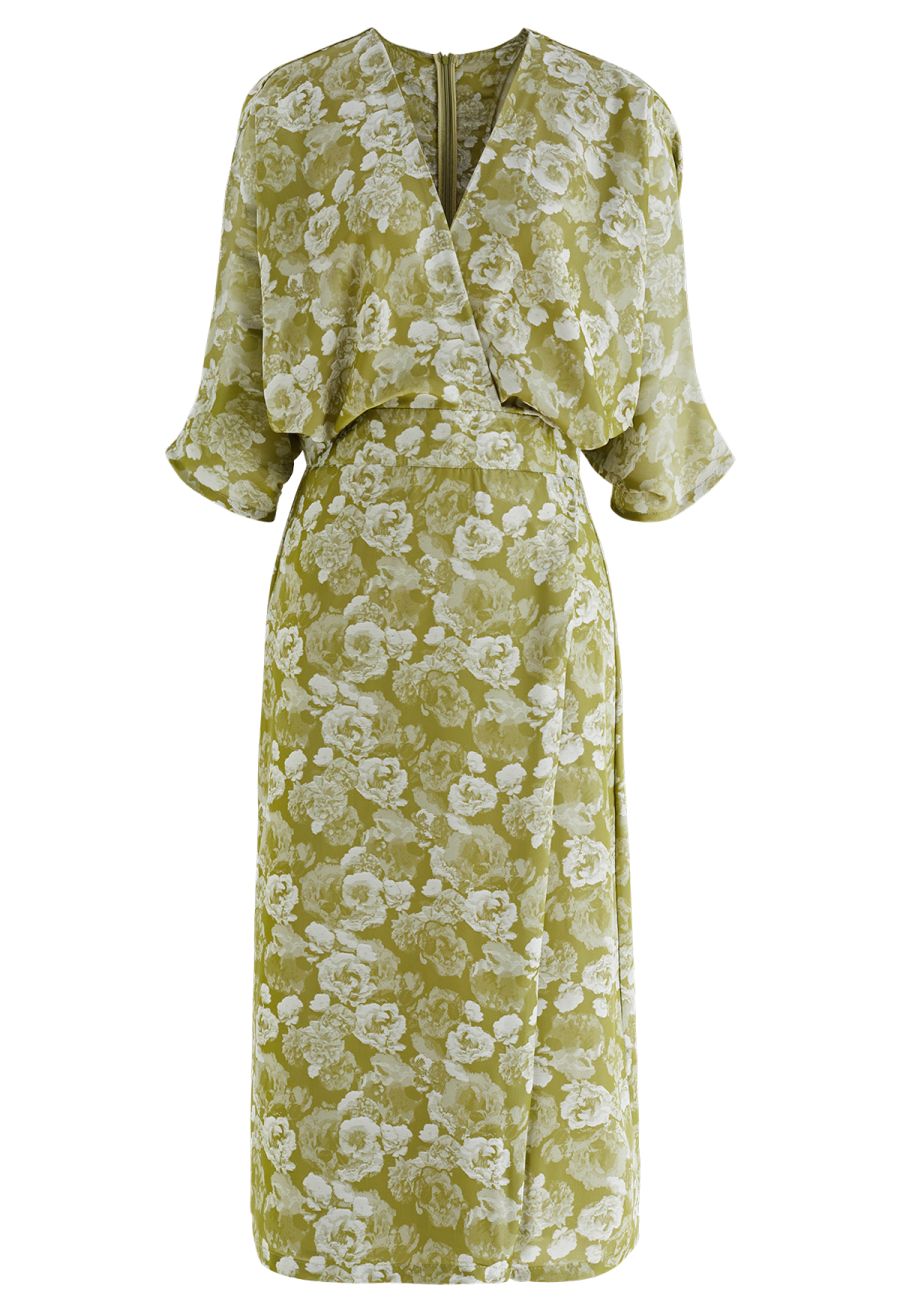 Peony Print Batwing Sleeve Faux-Wrap Dress