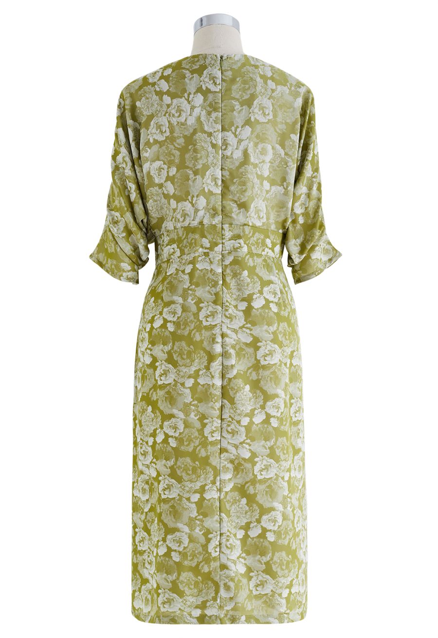 Peony Print Batwing Sleeve Faux-Wrap Dress