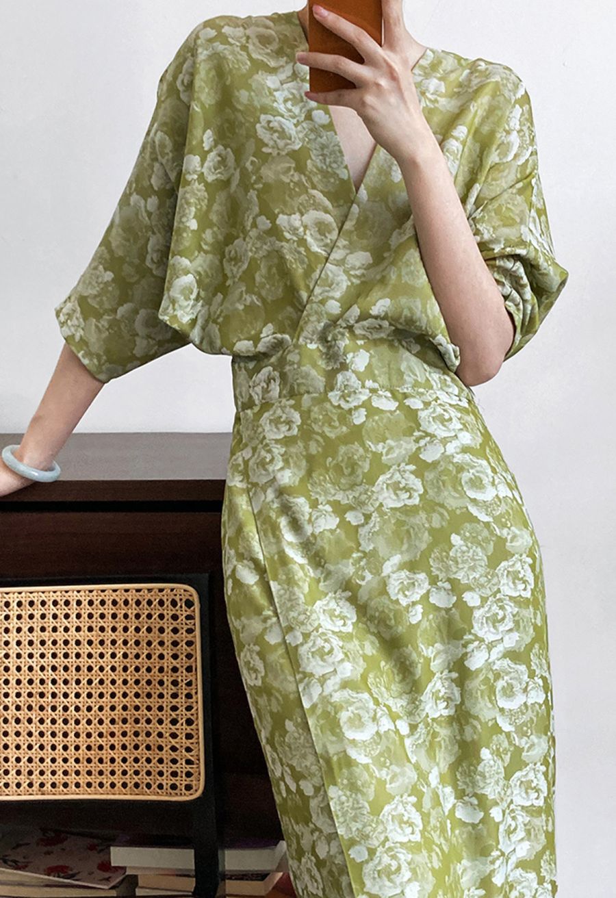 Peony Print Batwing Sleeve Faux-Wrap Dress