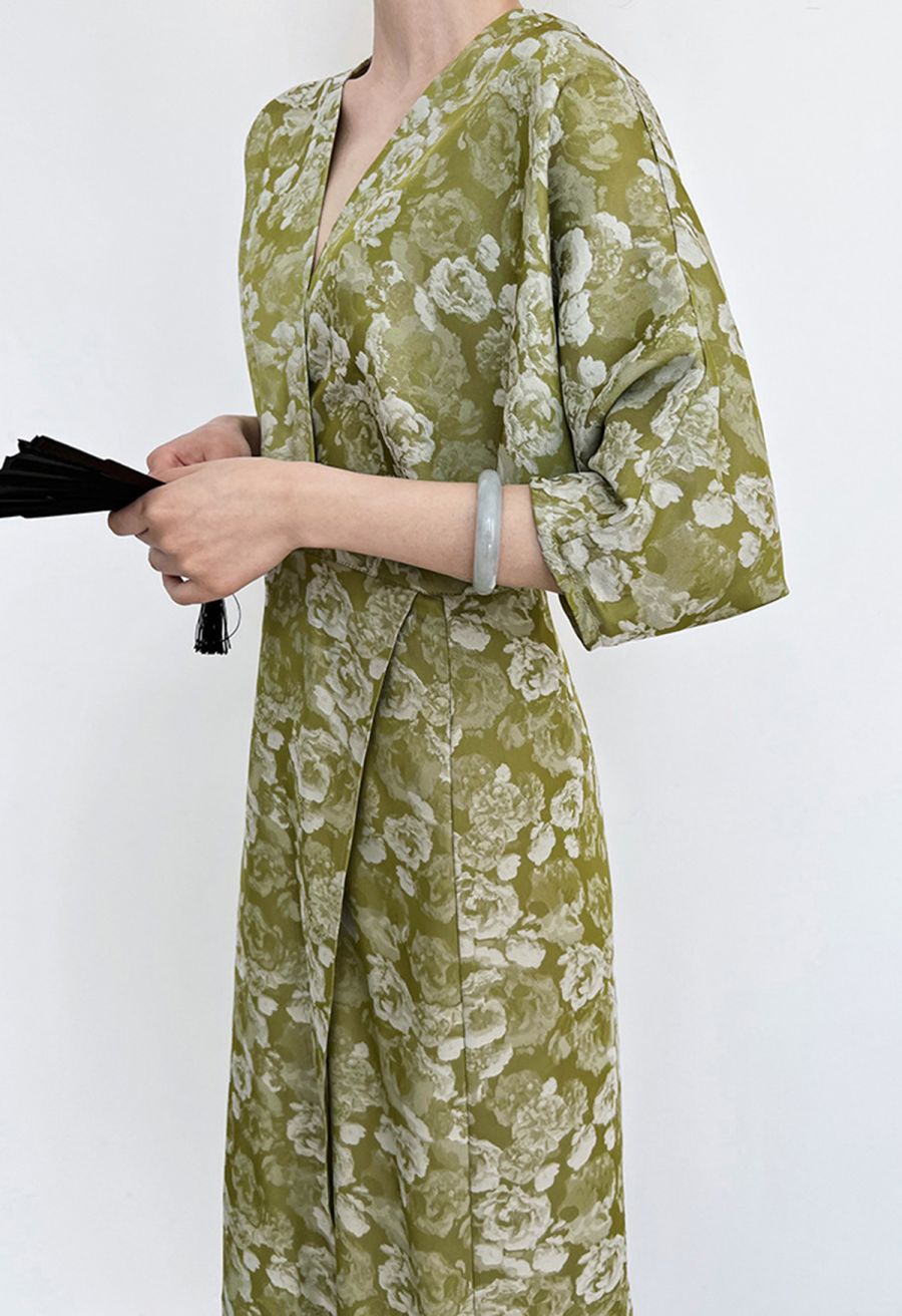 Peony Print Batwing Sleeve Faux-Wrap Dress