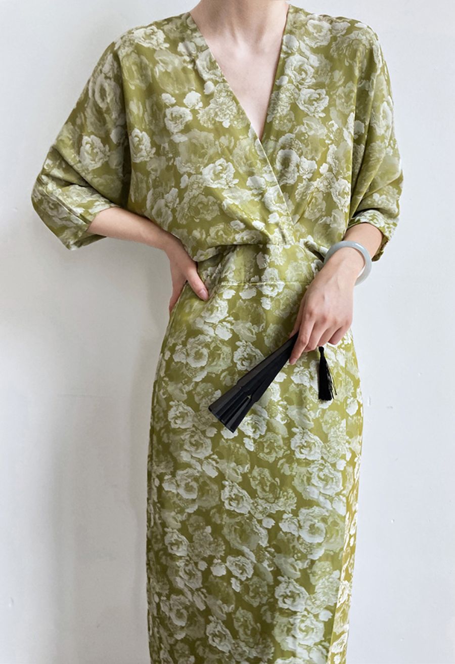 Peony Print Batwing Sleeve Faux-Wrap Dress