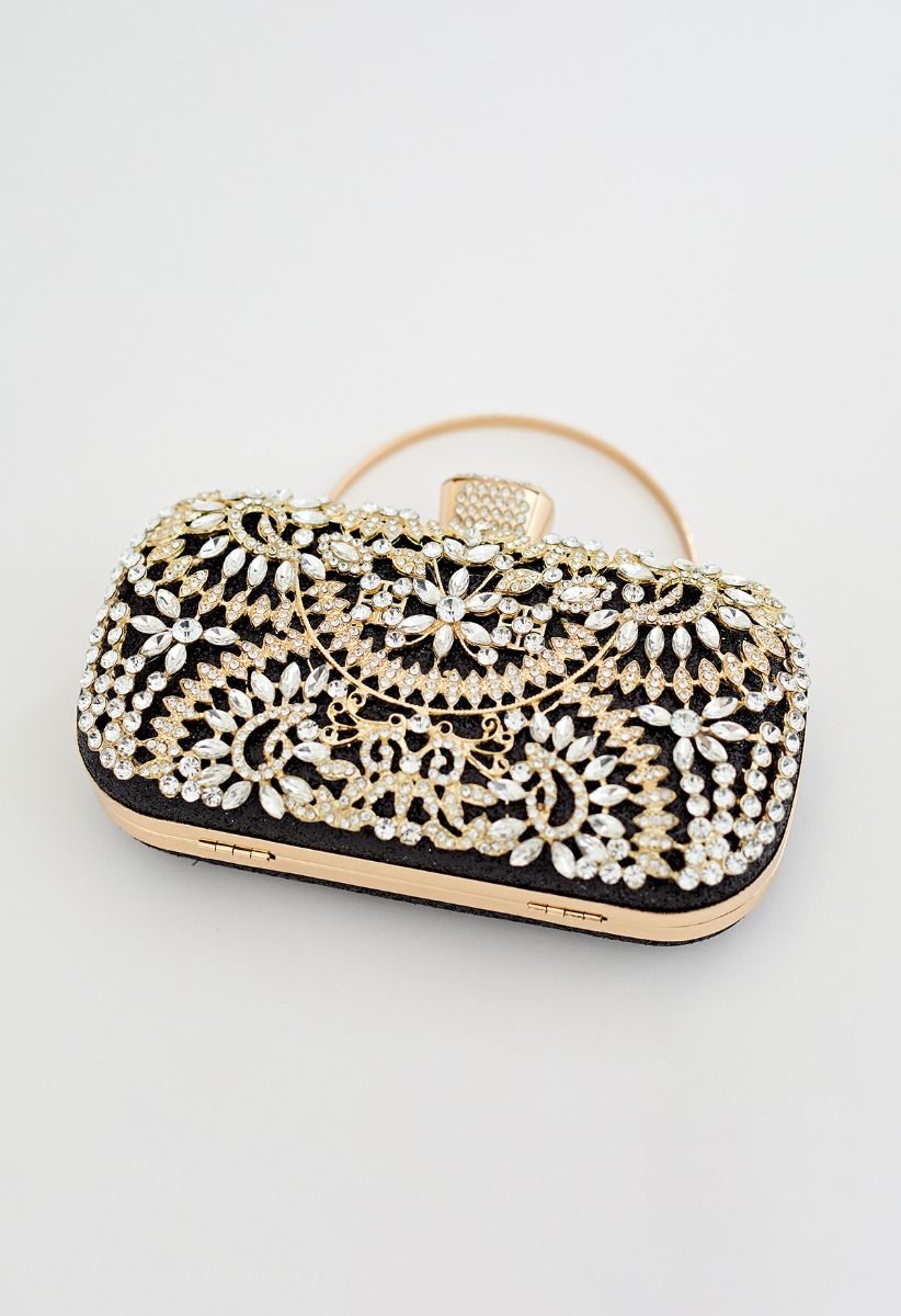Glittering Floral Rhinestone Inserted Clutch in Black