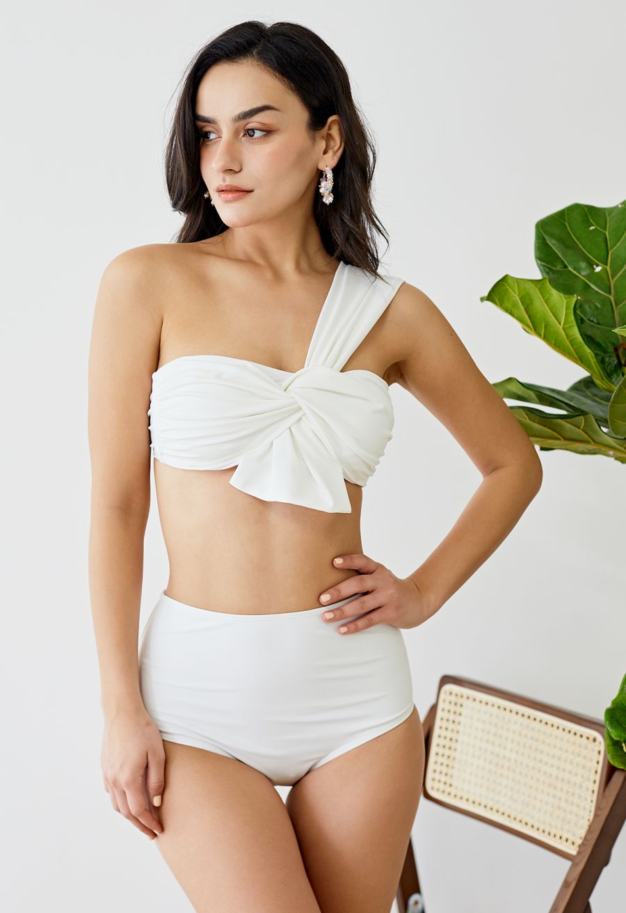 Sweet Knot One-Shoulder Bikini Set in White