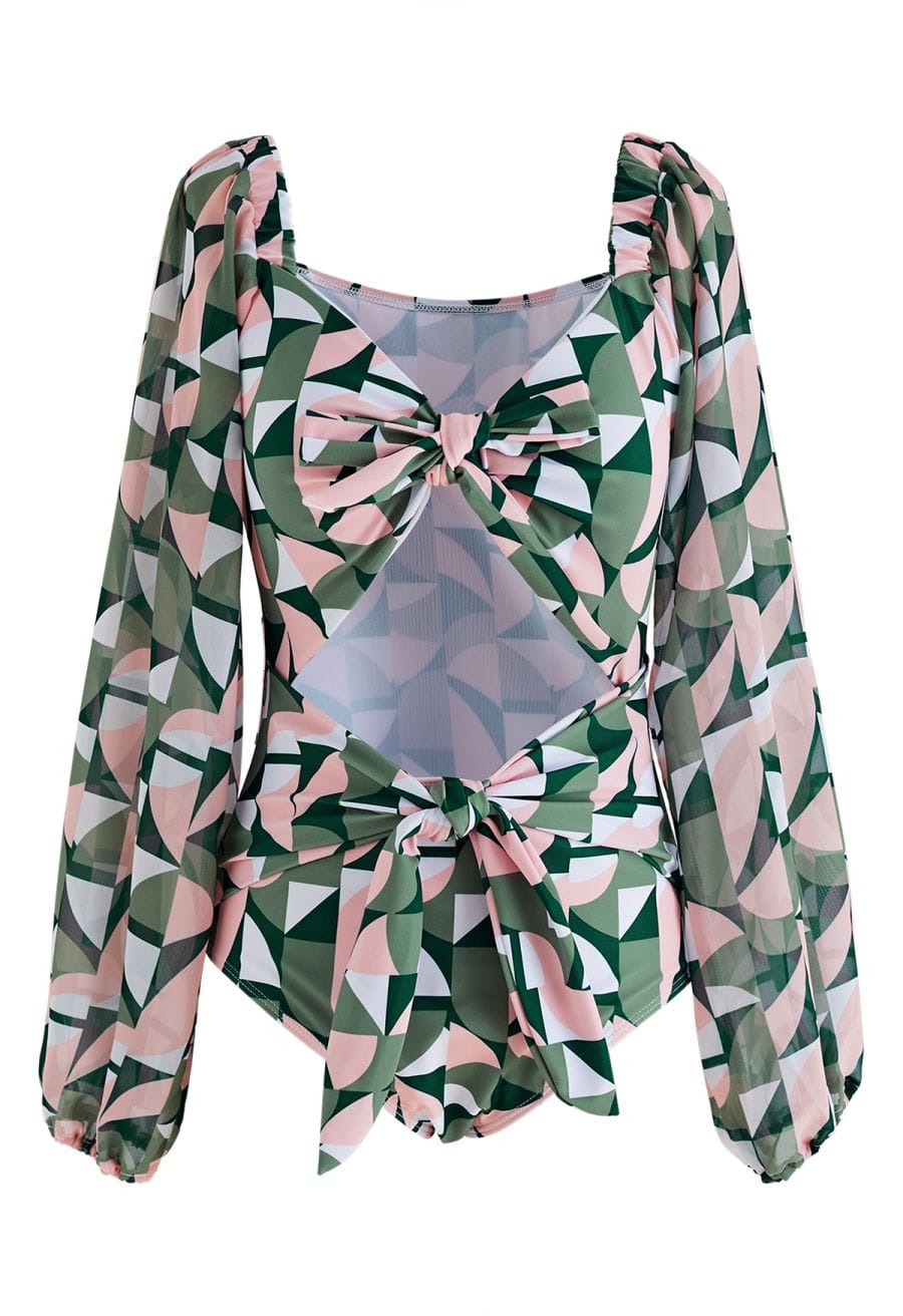 Geometric Pattern Twisted Front Cutout Swimsuit in Green
