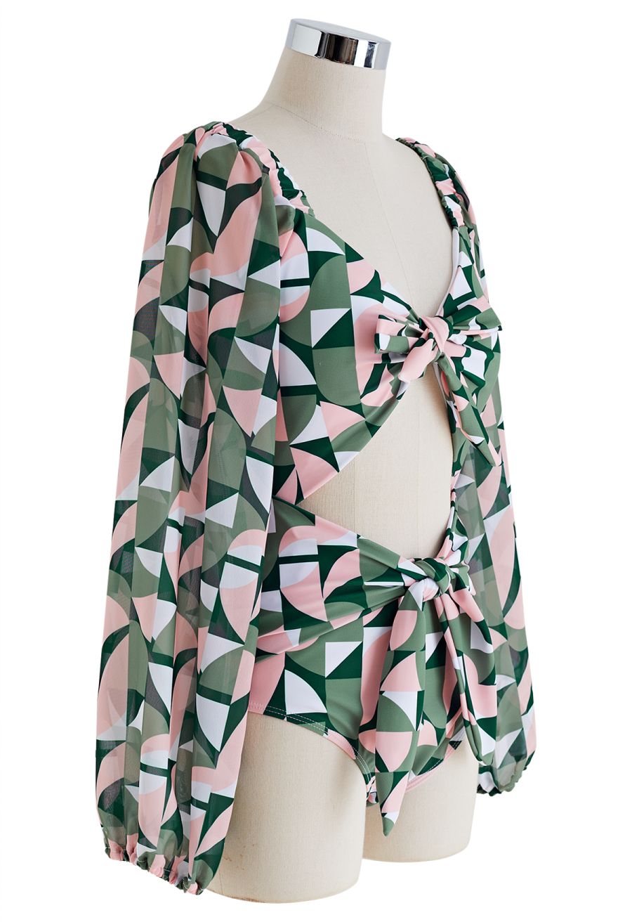 Geometric Pattern Twisted Front Cutout Swimsuit in Green
