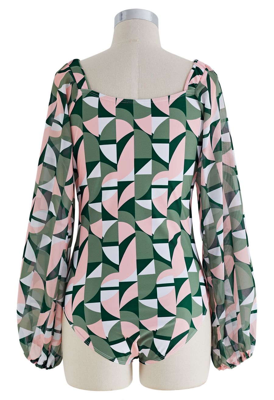 Geometric Pattern Twisted Front Cutout Swimsuit in Green