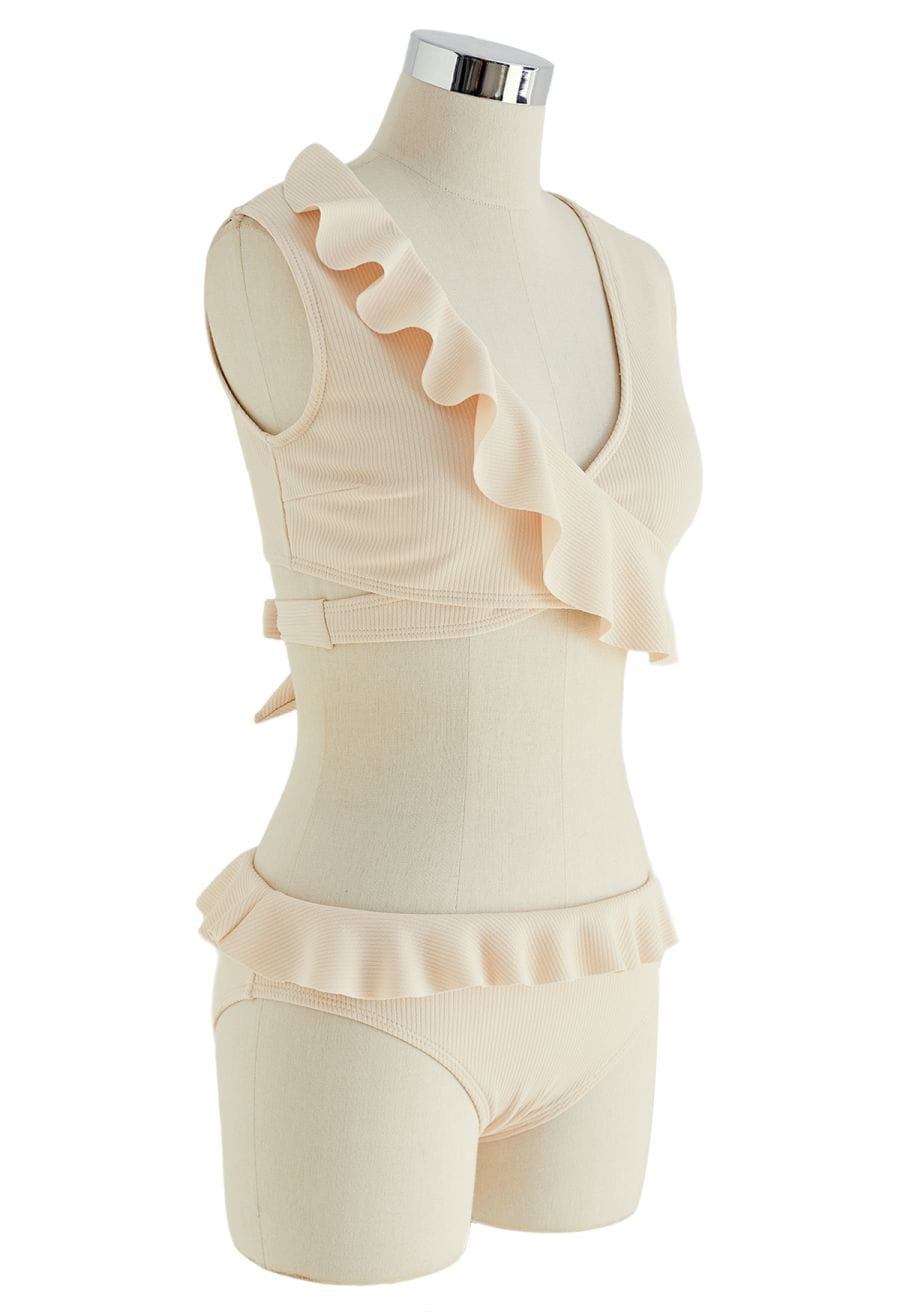 Creamy Ruffle Trim Tie-Back Bikini Set