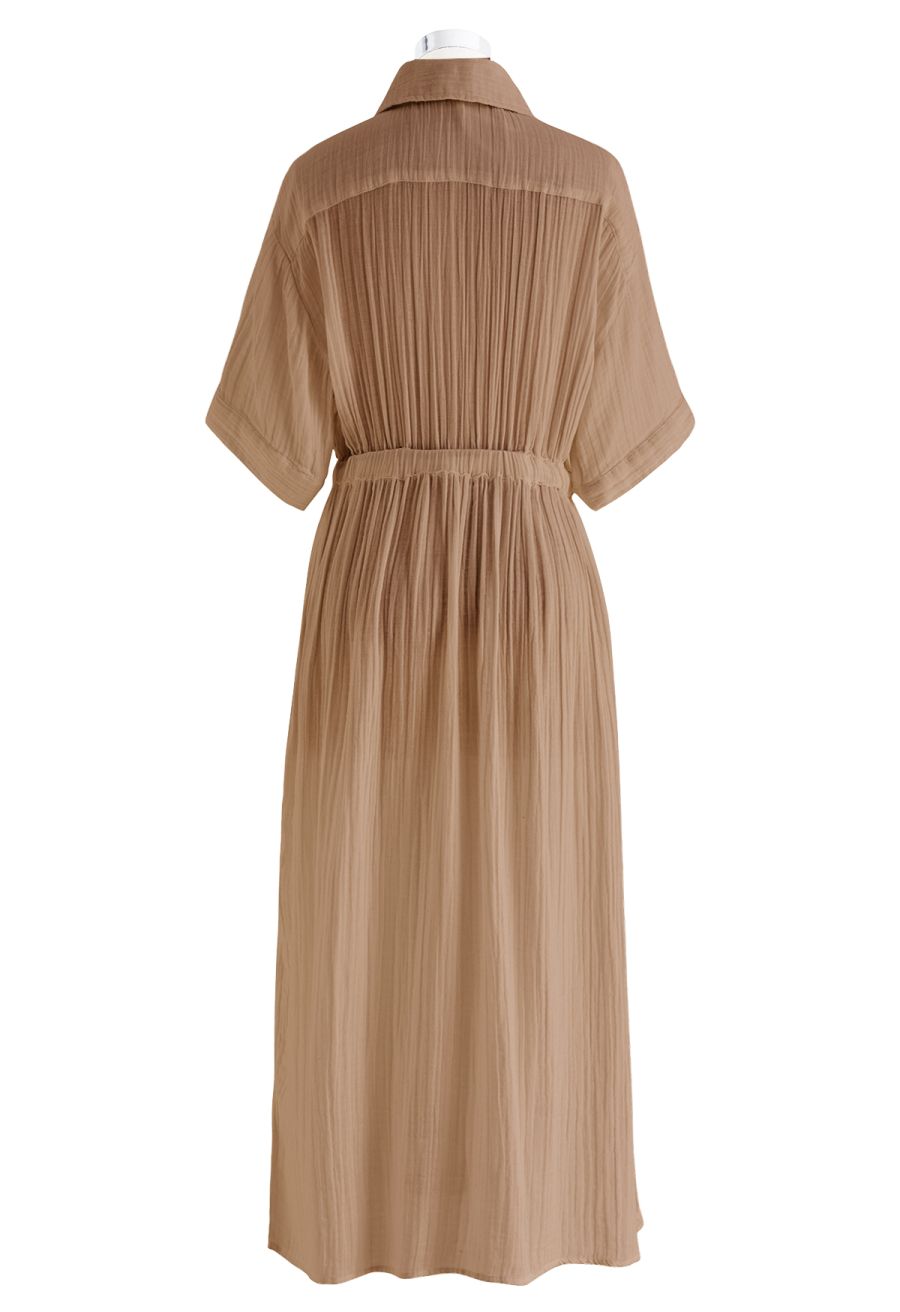 Sunshine Fun Time Button Front Shirt Dress in Tan