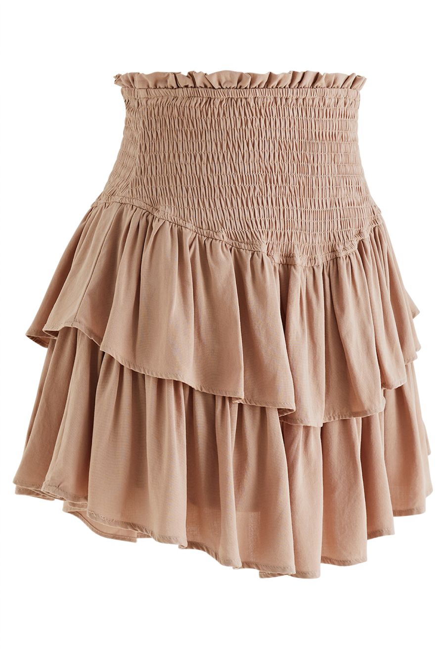 Tiered Ruffle Shirred Waist Mini Skirt in Tan