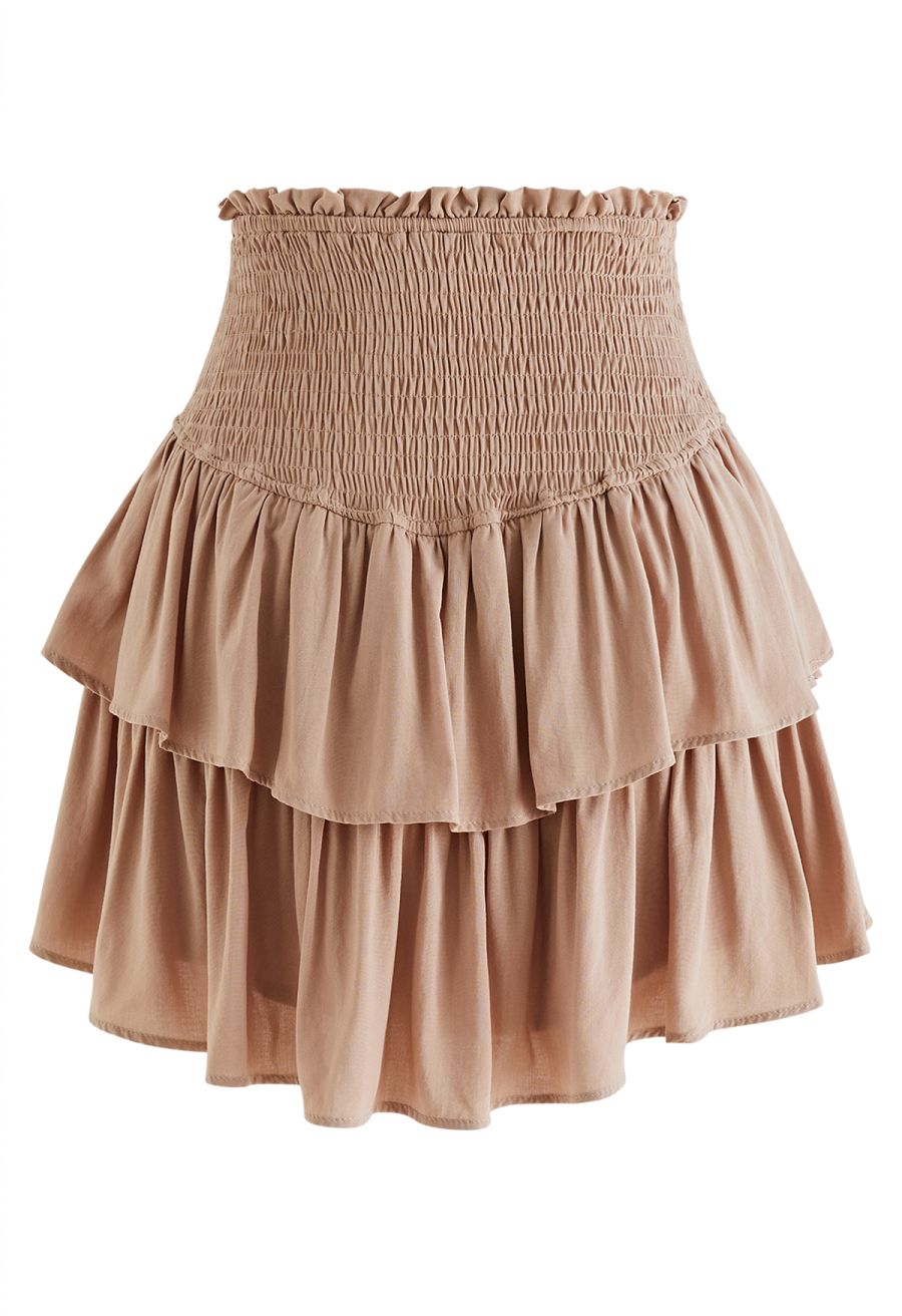 Tiered Ruffle Shirred Waist Mini Skirt in Tan