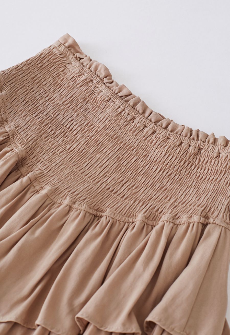 Tiered Ruffle Shirred Waist Mini Skirt in Tan