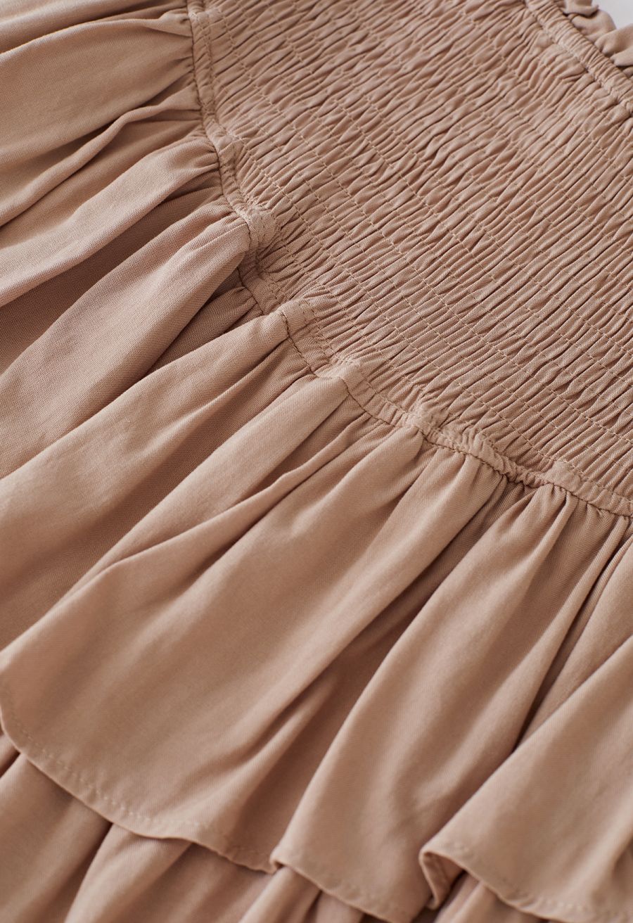 Tiered Ruffle Shirred Waist Mini Skirt in Tan