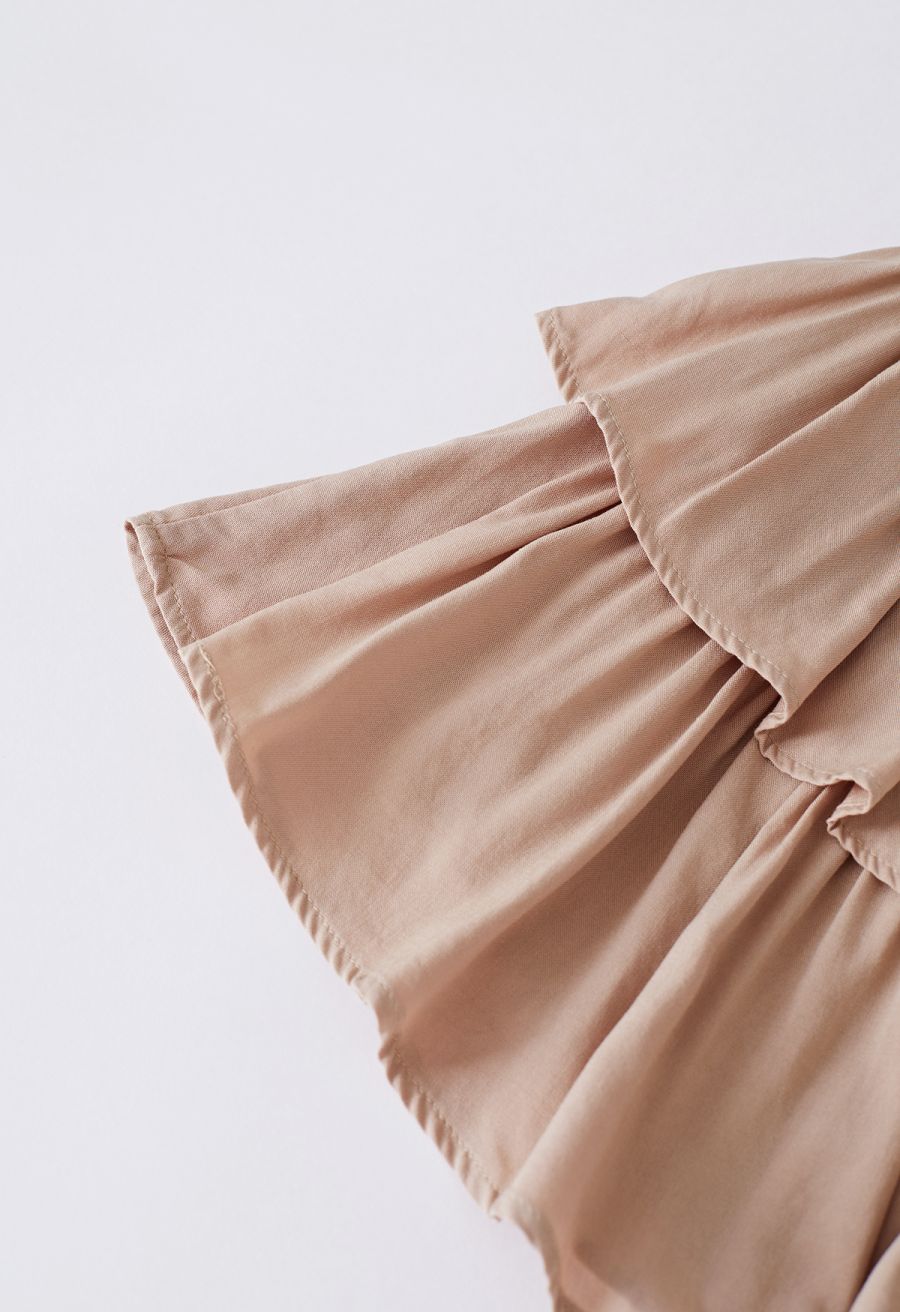 Tiered Ruffle Shirred Waist Mini Skirt in Tan