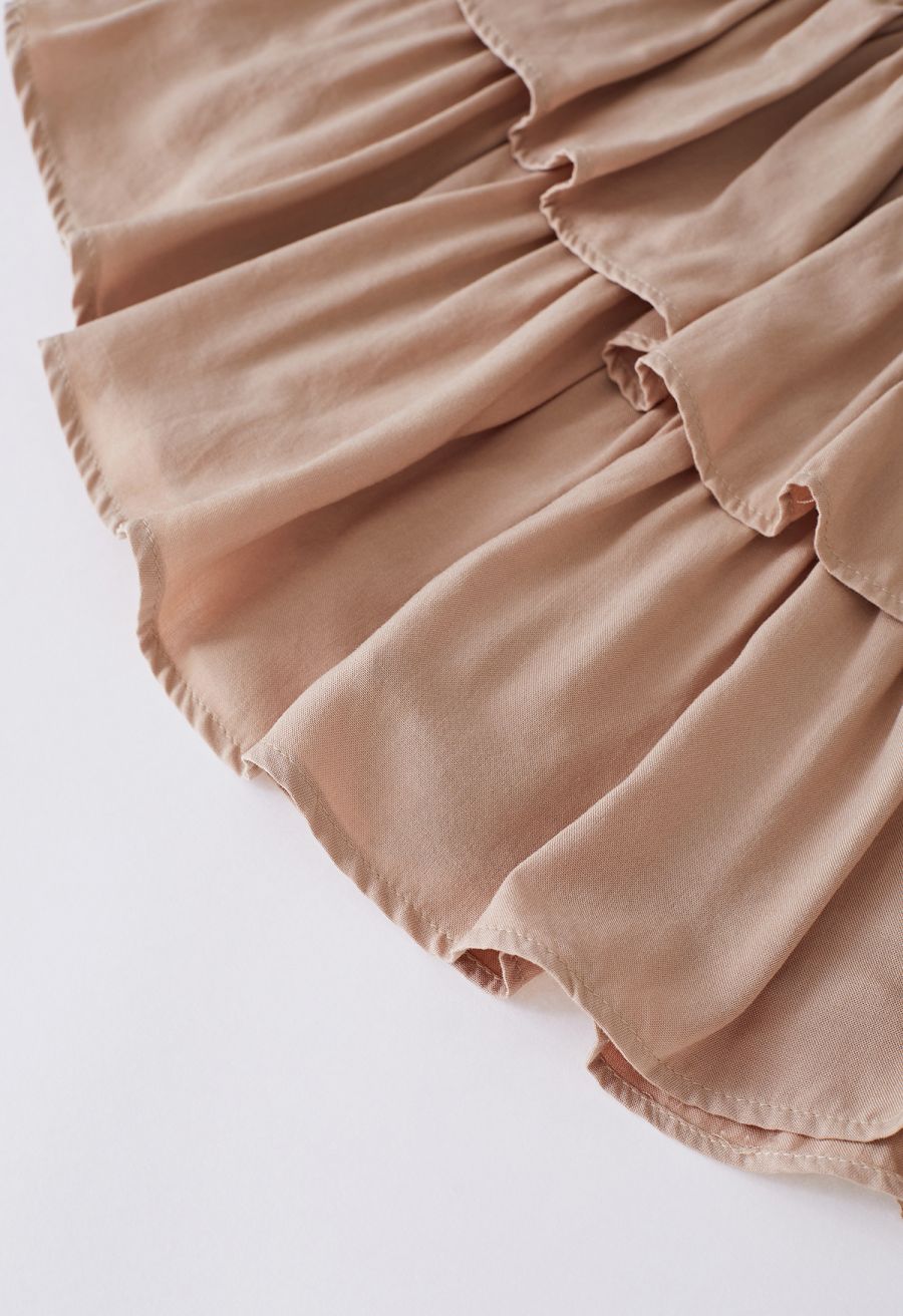 Tiered Ruffle Shirred Waist Mini Skirt in Tan