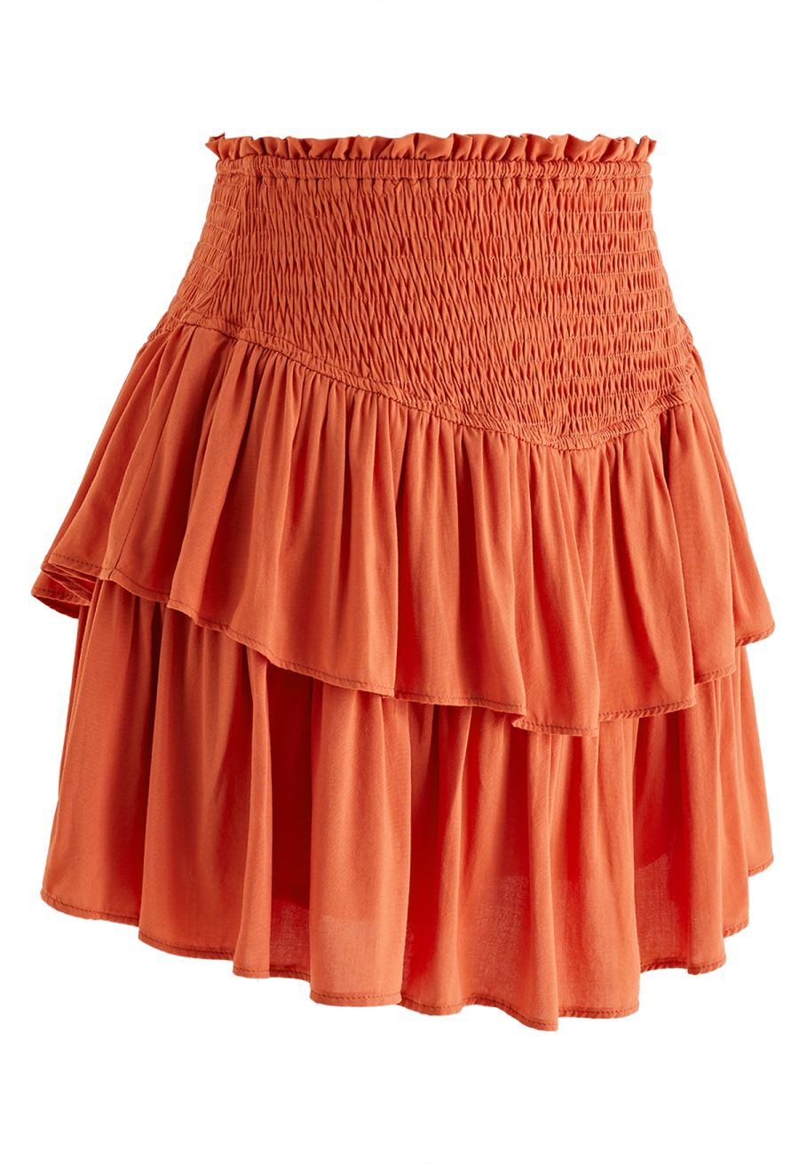 Tiered Ruffle Shirred Waist Mini Skirt in Orange
