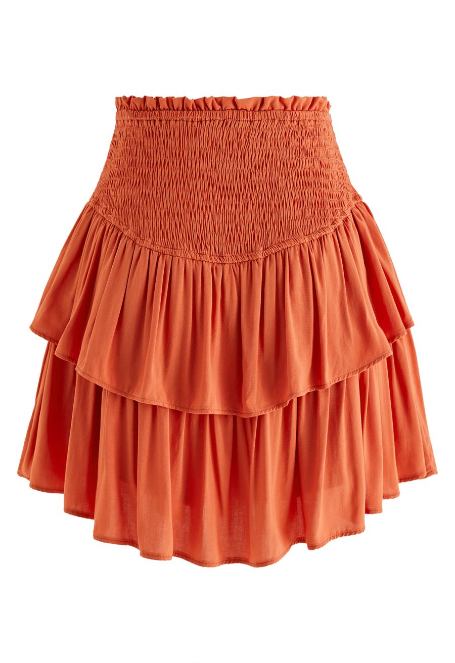Tiered Ruffle Shirred Waist Mini Skirt in Orange