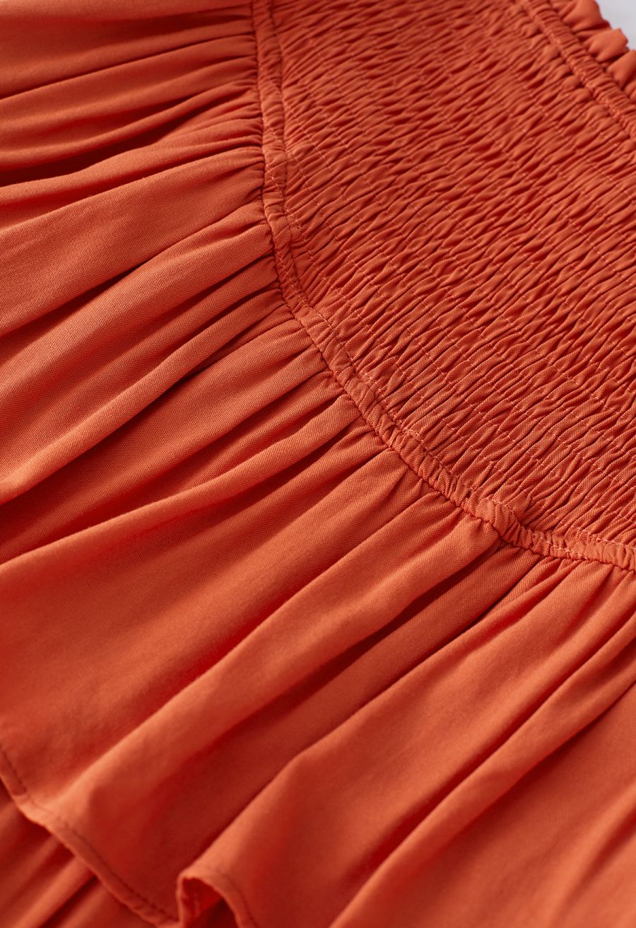 Tiered Ruffle Shirred Waist Mini Skirt in Orange