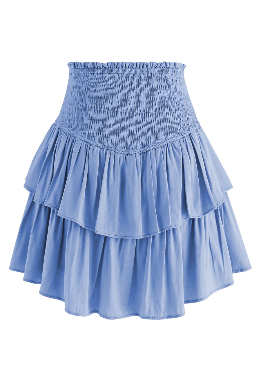 Tiered Ruffle Shirred Waist Mini Skirt in Blue