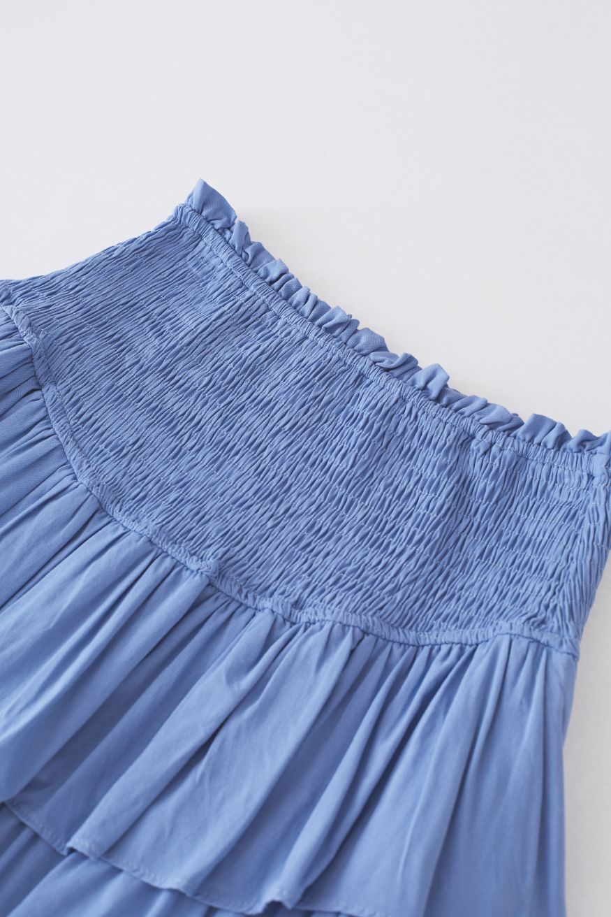 Tiered Ruffle Shirred Waist Mini Skirt in Blue
