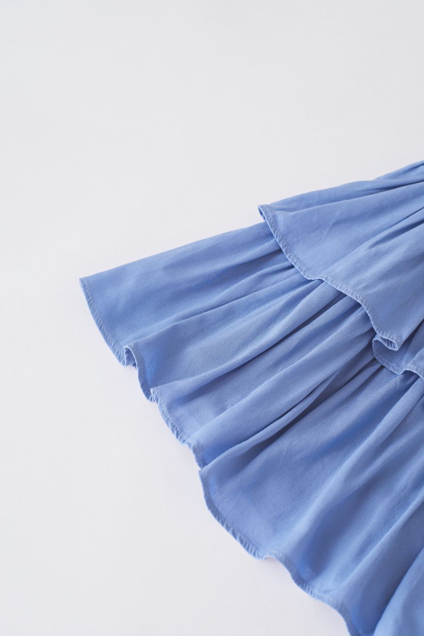 Tiered Ruffle Shirred Waist Mini Skirt in Blue