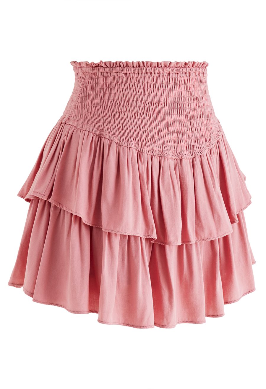 Tiered Ruffle Shirred Waist Mini Skirt in Pink