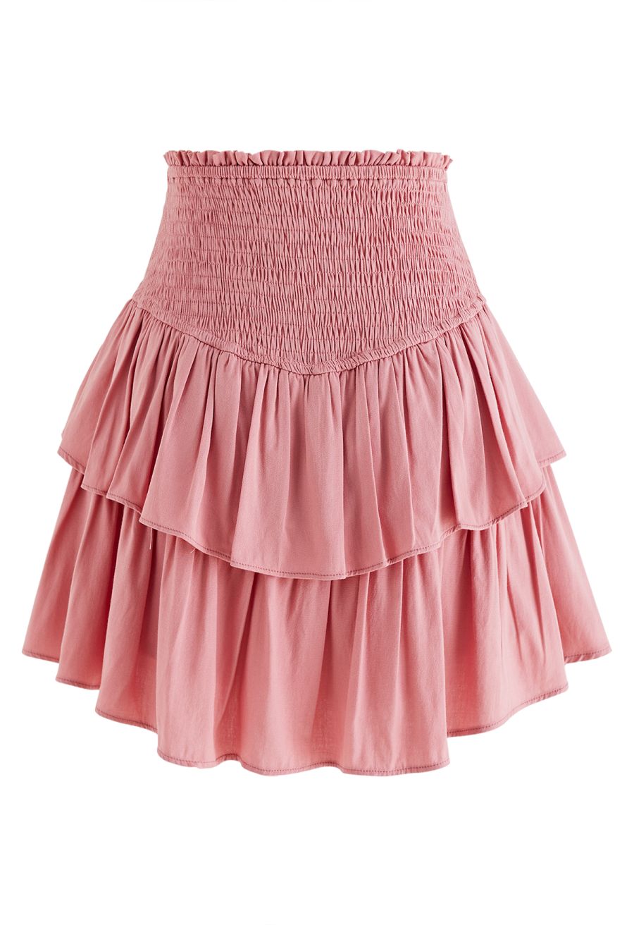 Tiered Ruffle Shirred Waist Mini Skirt in Pink