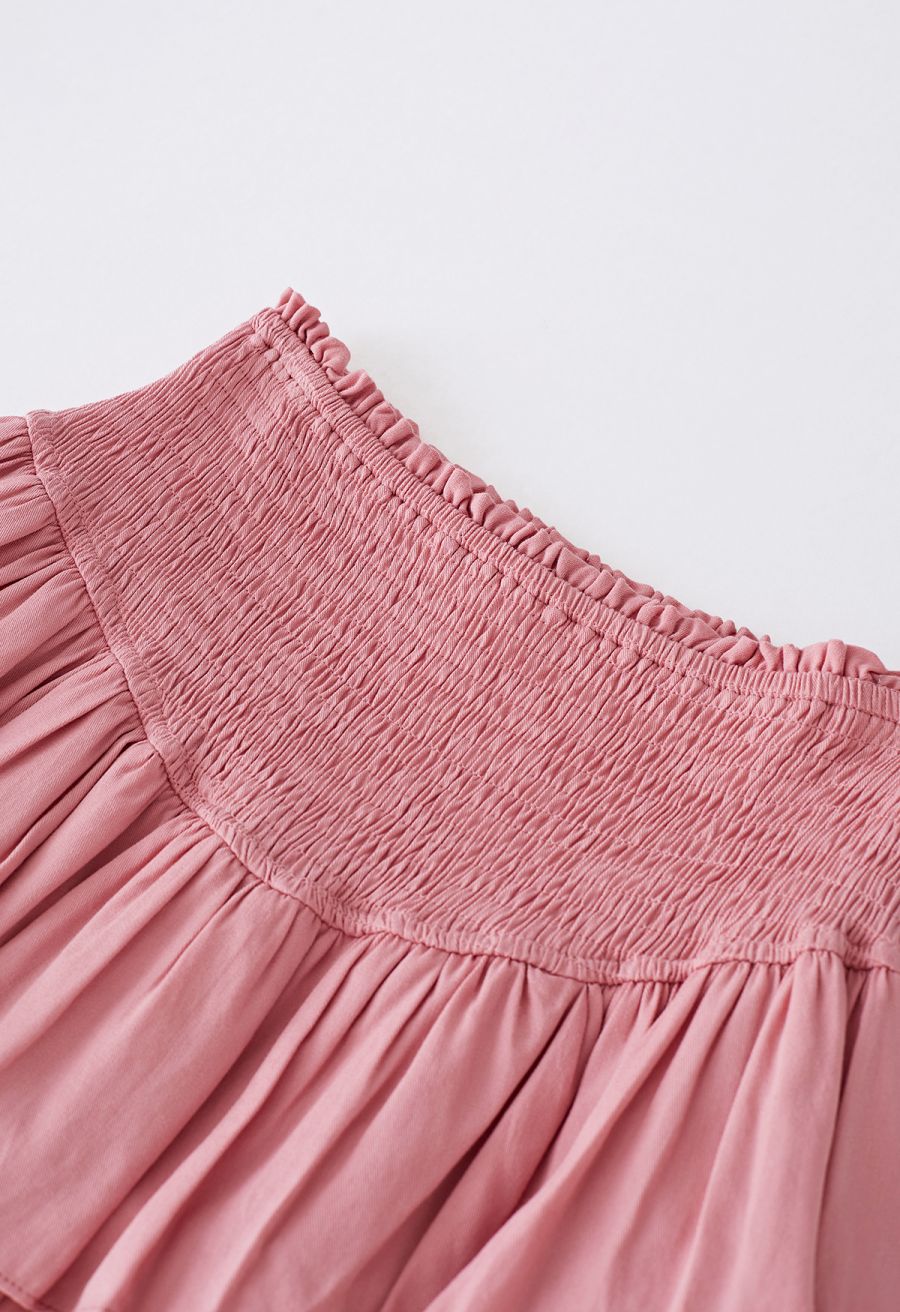 Tiered Ruffle Shirred Waist Mini Skirt in Pink