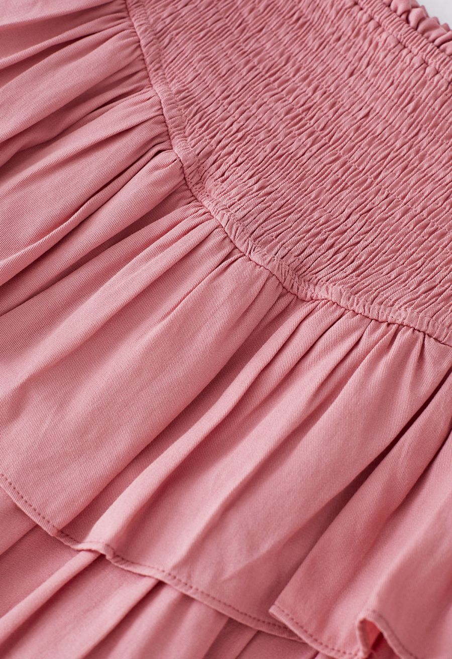 Tiered Ruffle Shirred Waist Mini Skirt in Pink
