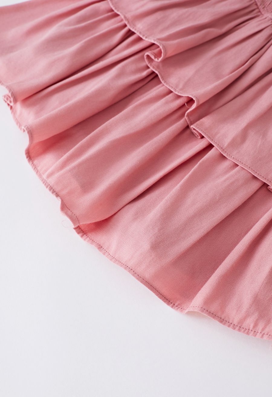 Tiered Ruffle Shirred Waist Mini Skirt in Pink