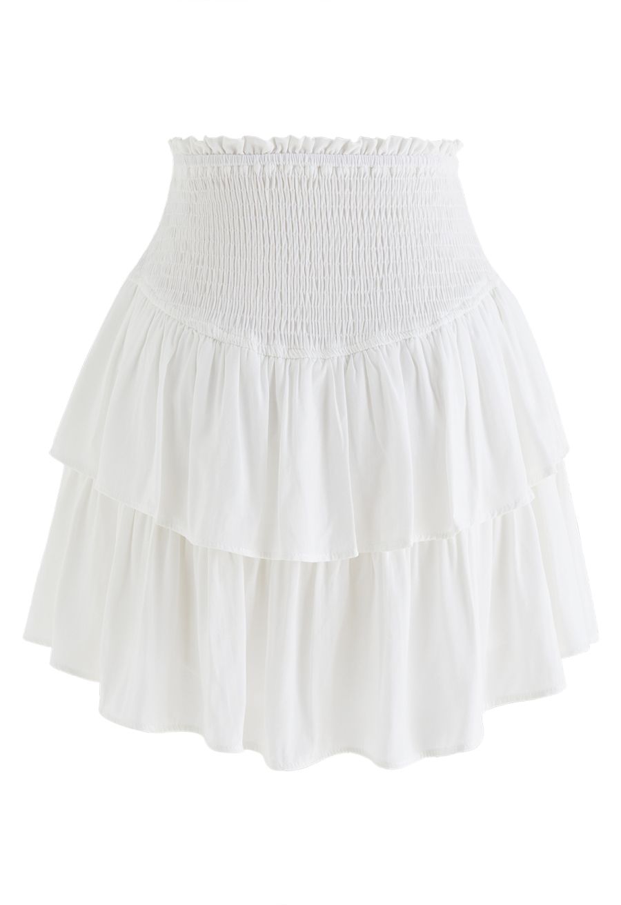 Tiered Ruffle Shirred Waist Mini Skirt in White