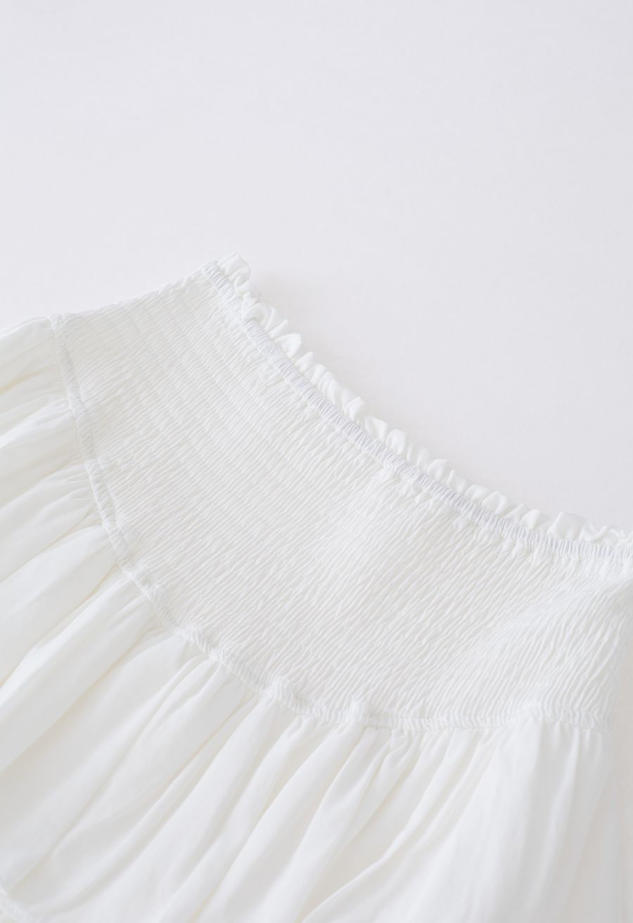 Tiered Ruffle Shirred Waist Mini Skirt in White