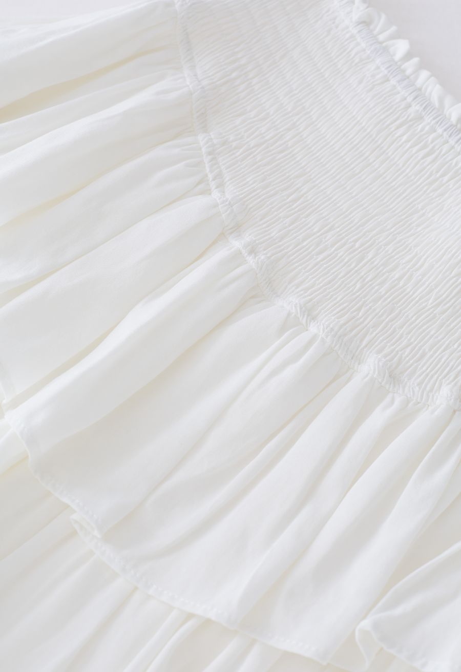 Tiered Ruffle Shirred Waist Mini Skirt in White