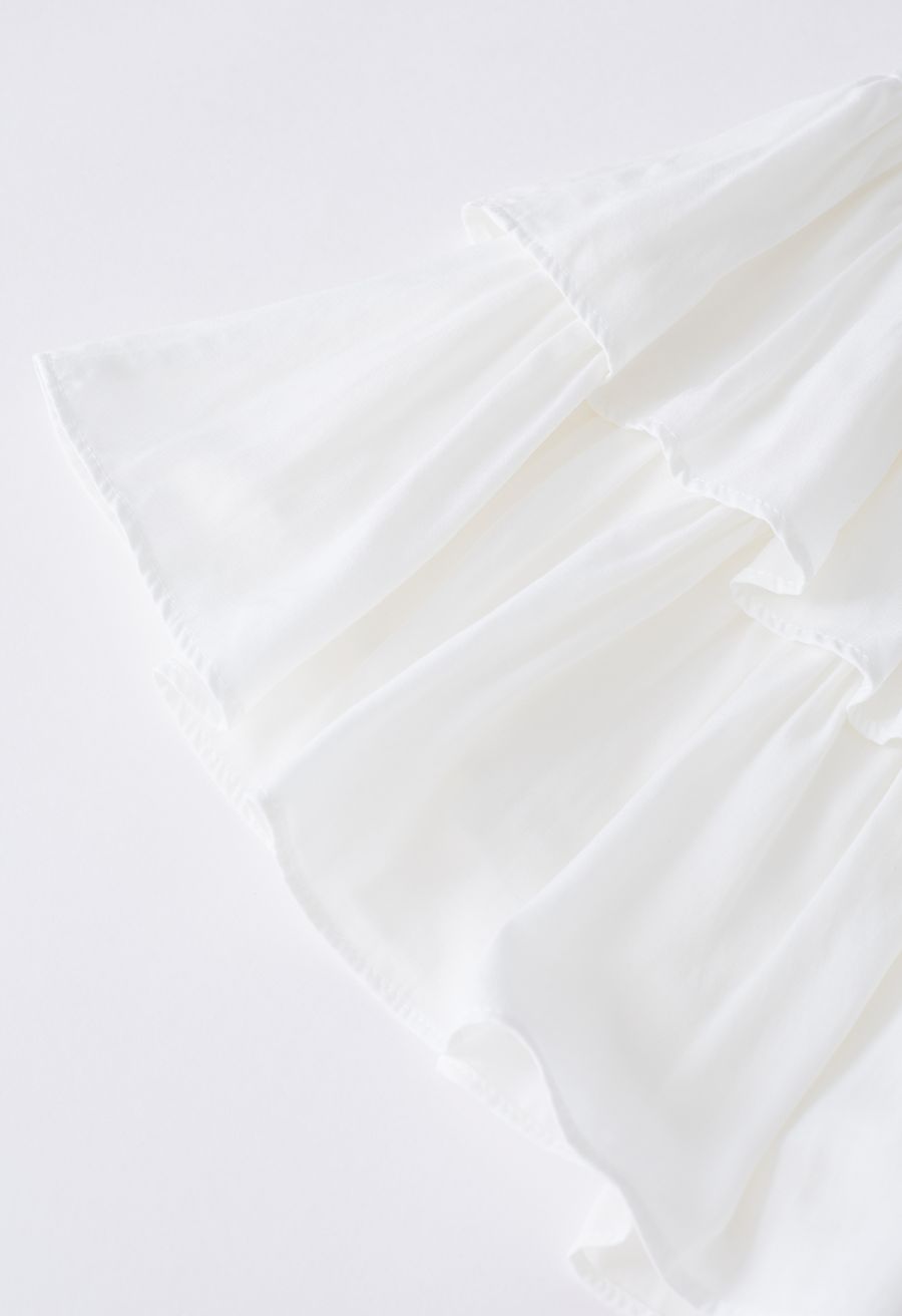Tiered Ruffle Shirred Waist Mini Skirt in White