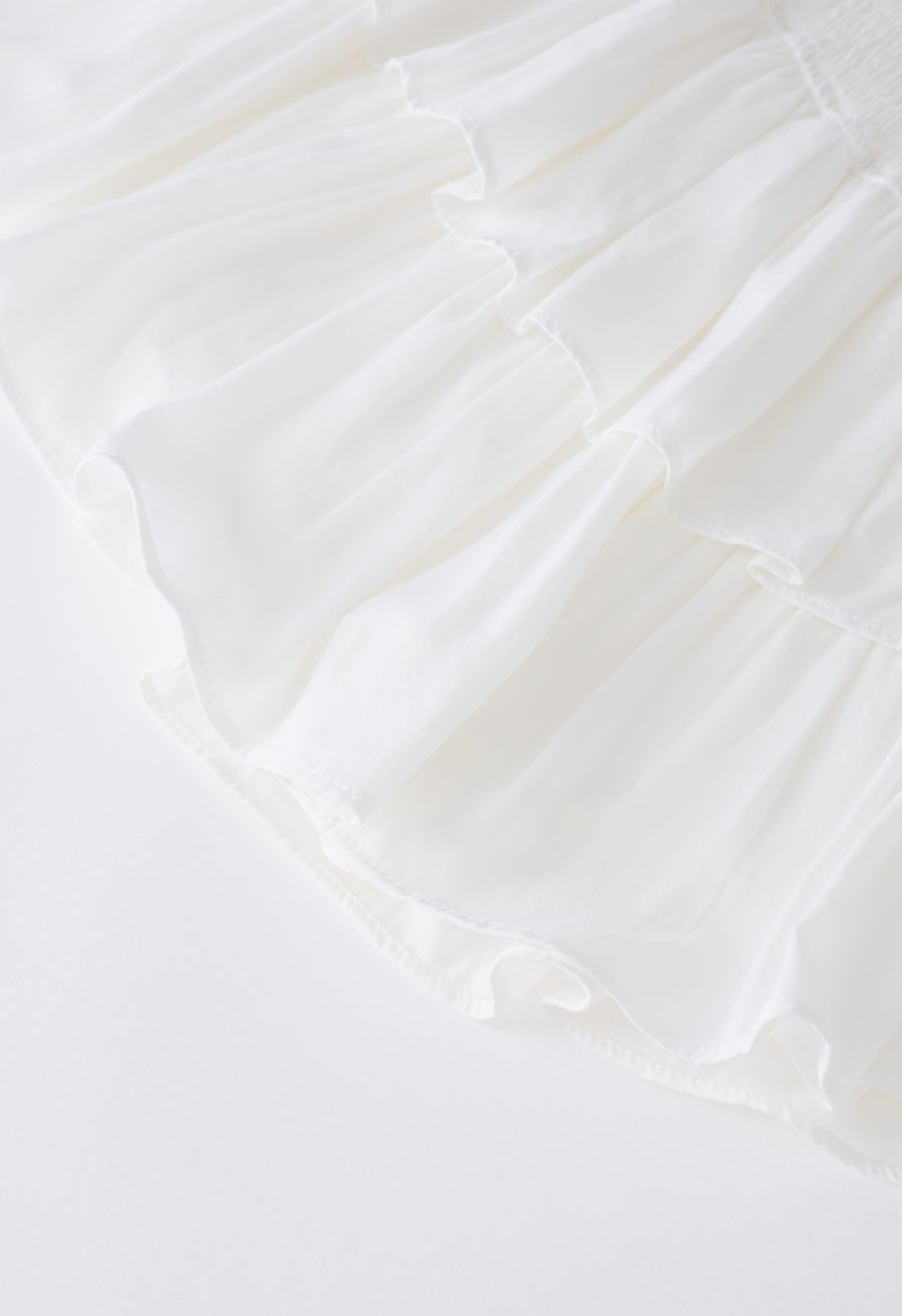 Tiered Ruffle Shirred Waist Mini Skirt in White
