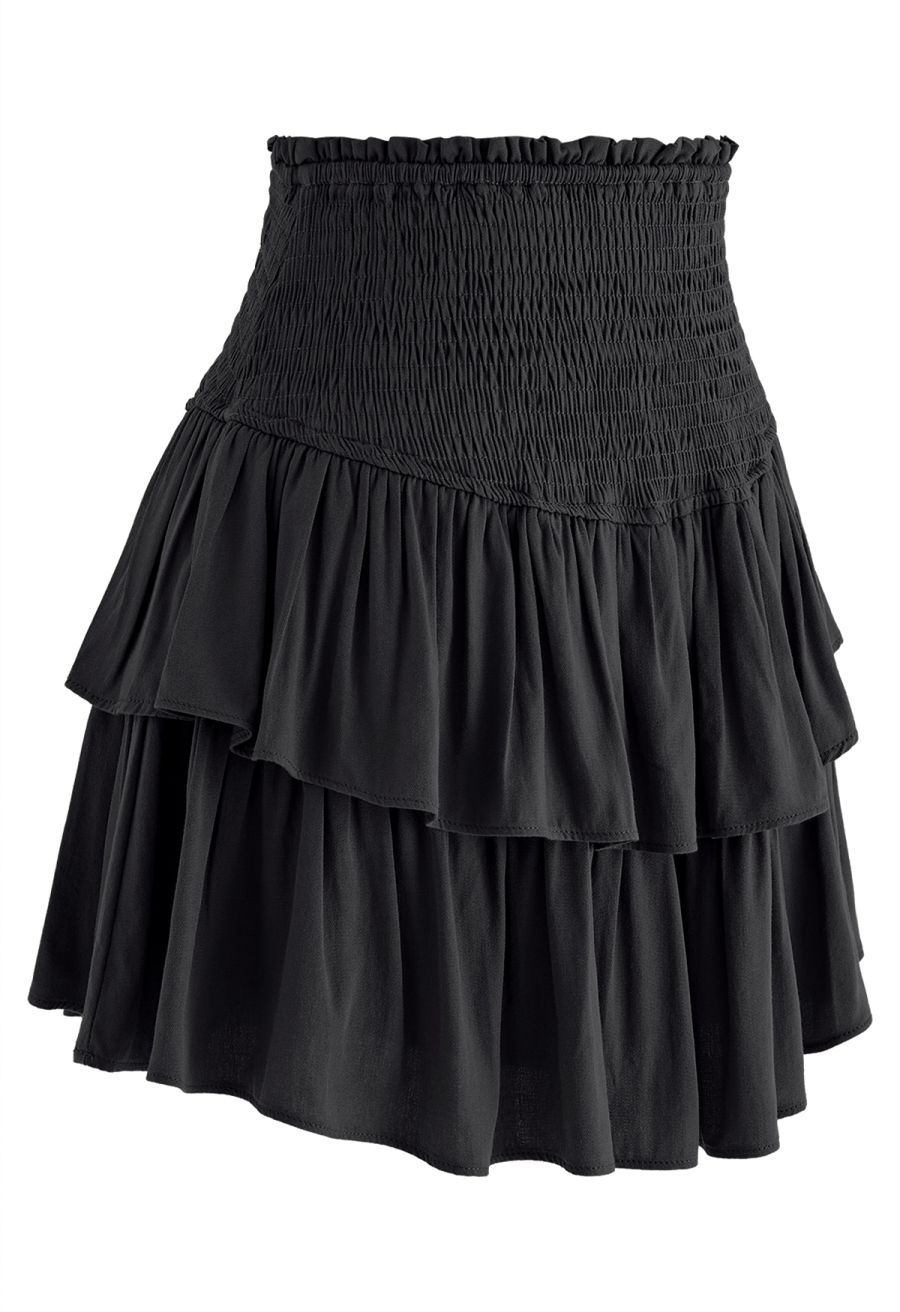 Tiered Ruffle Shirred Waist Mini Skirt in Black