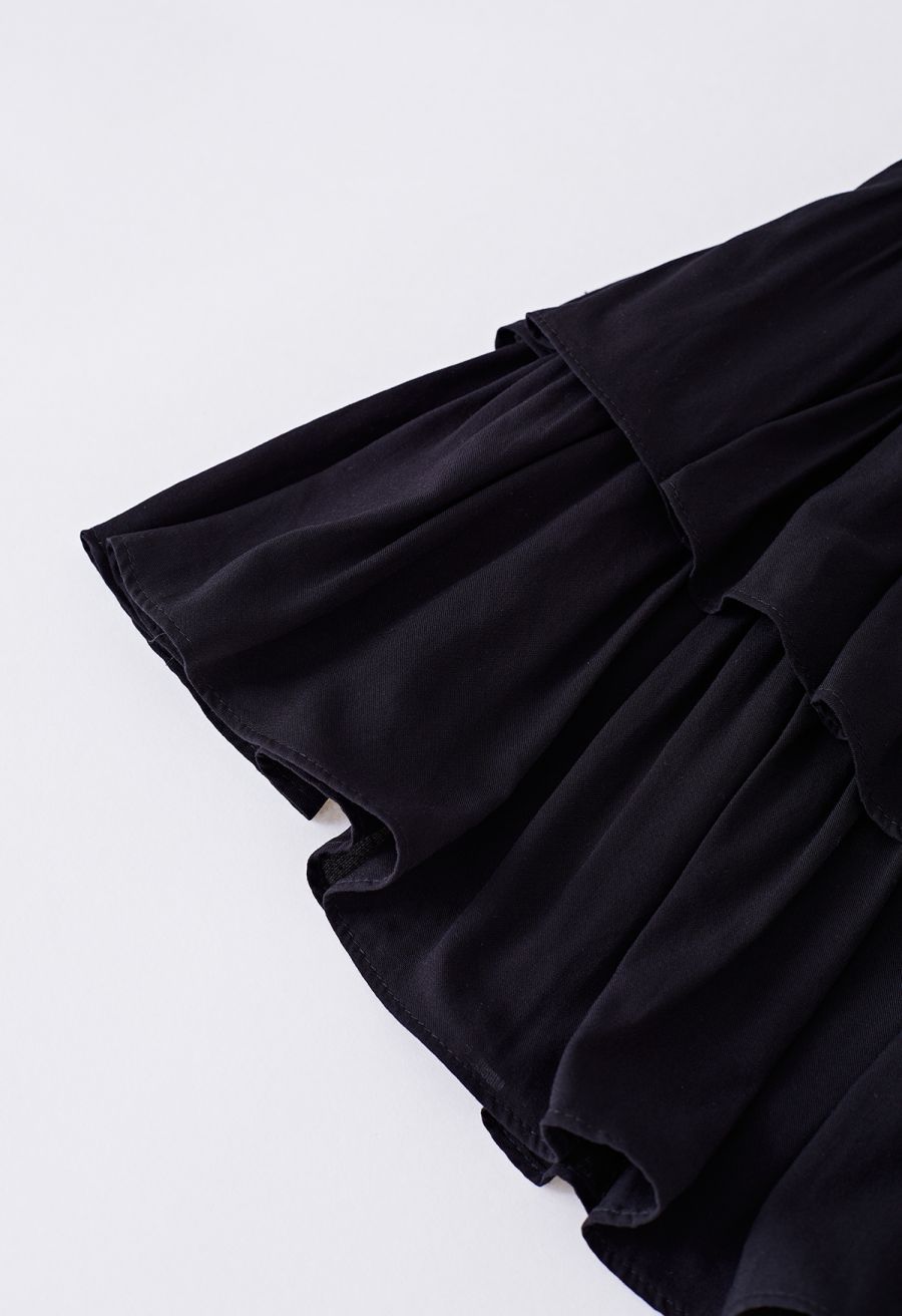 Tiered Ruffle Shirred Waist Mini Skirt in Black