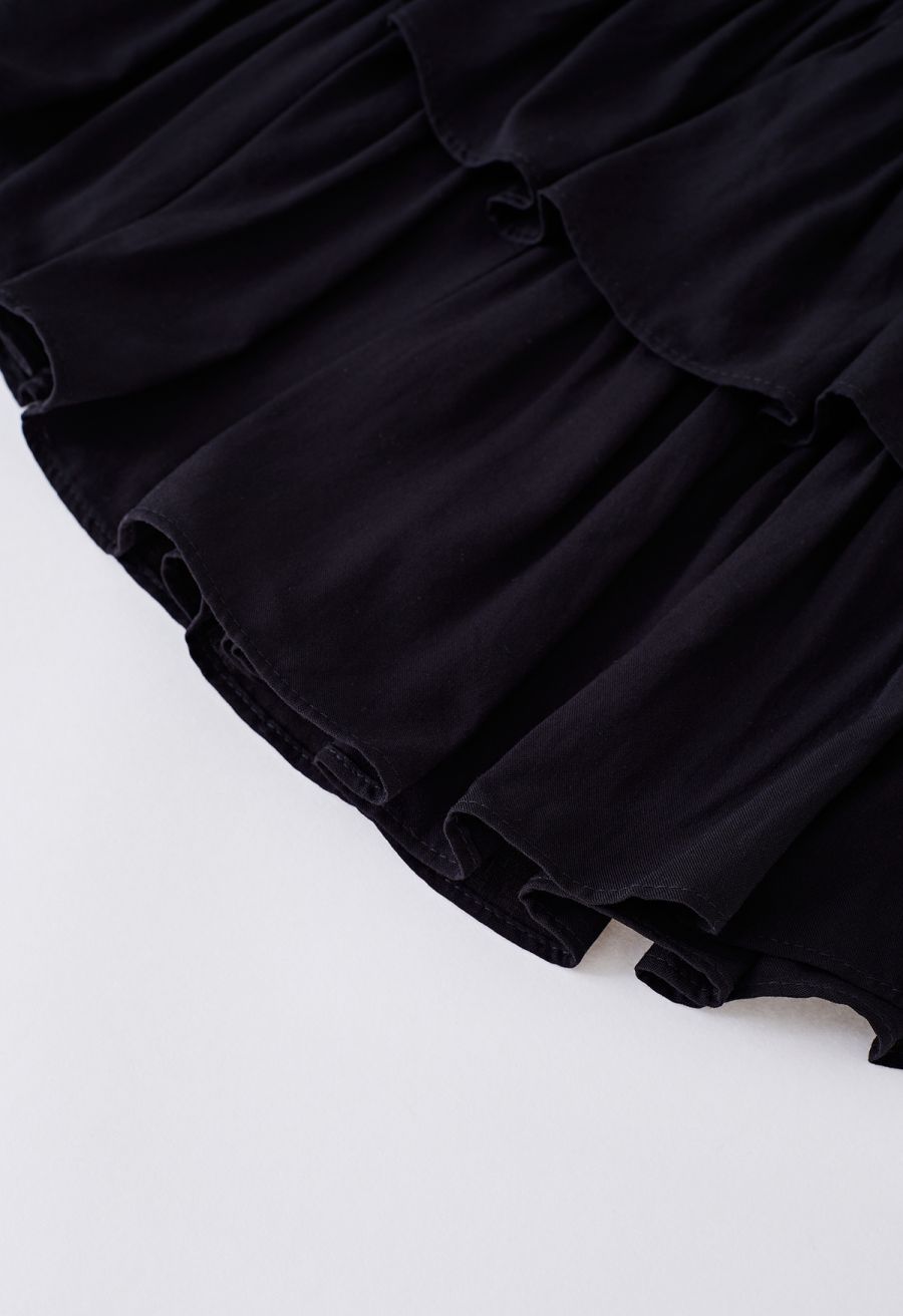 Tiered Ruffle Shirred Waist Mini Skirt in Black