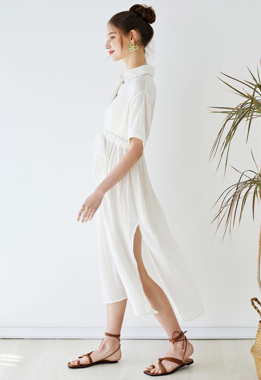 Sunshine Fun Time Button Front Shirt Dress in Ivory