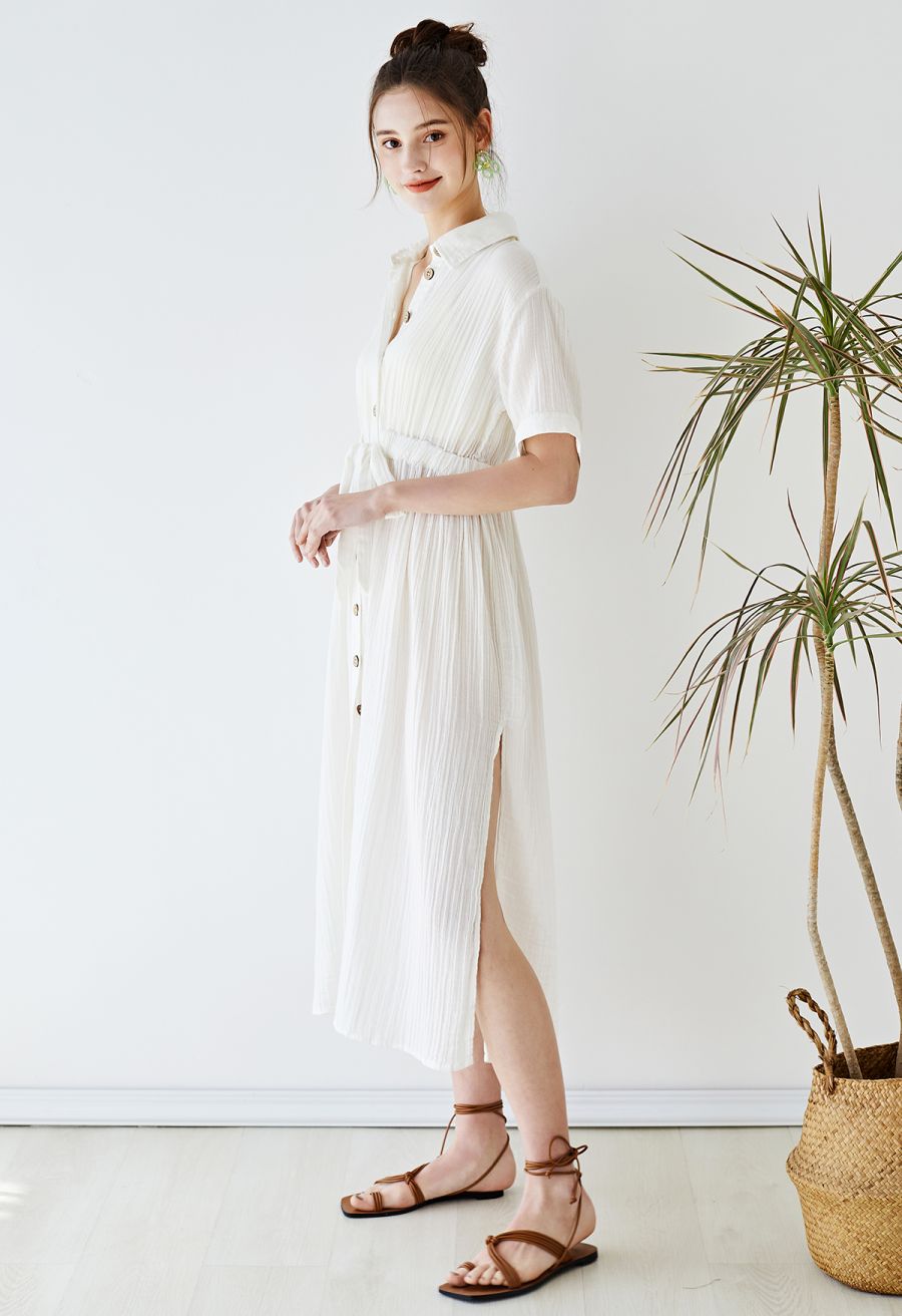 Sunshine Fun Time Button Front Shirt Dress in Ivory