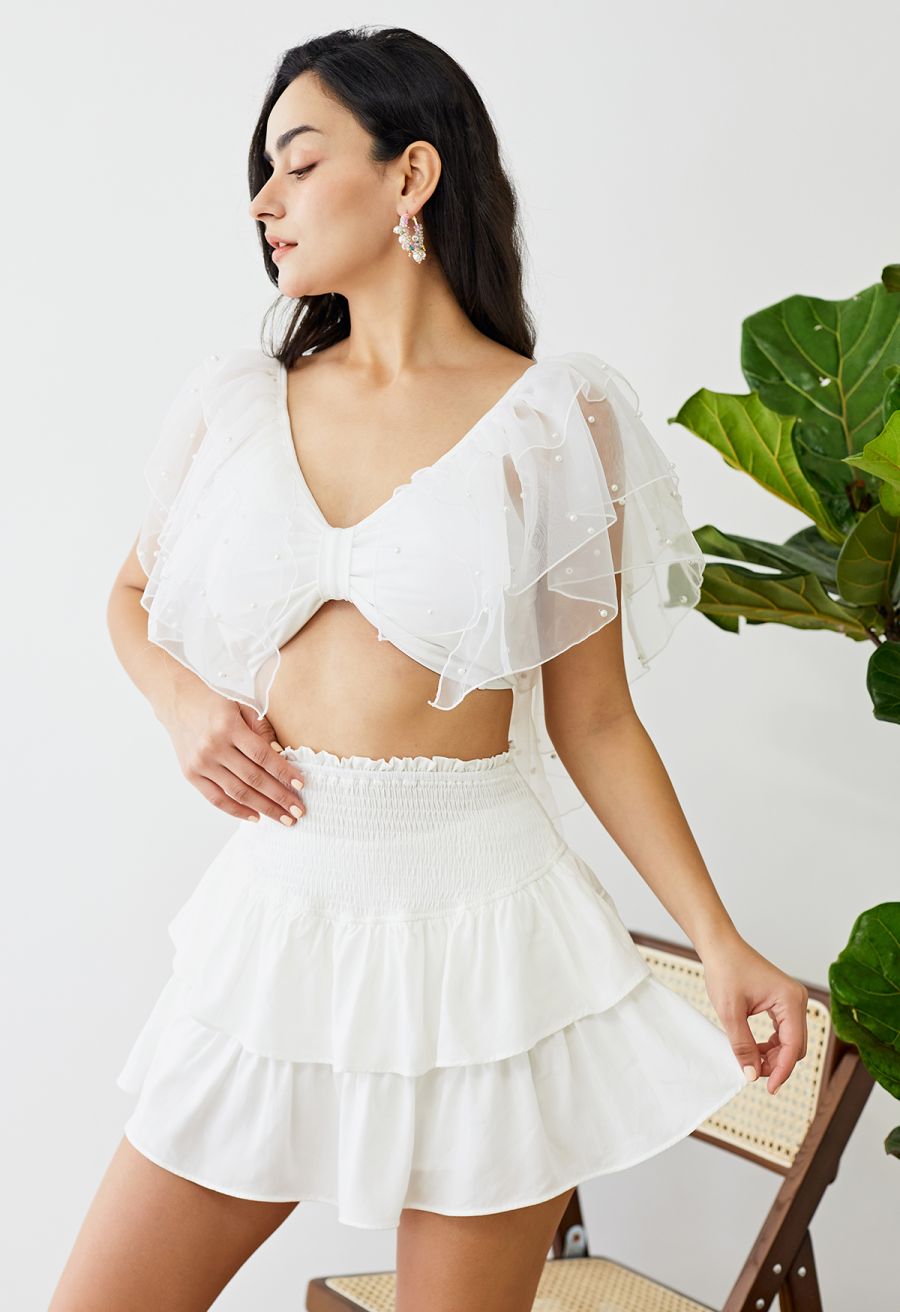 Tiered Ruffle Shirred Waist Mini Skirt in White