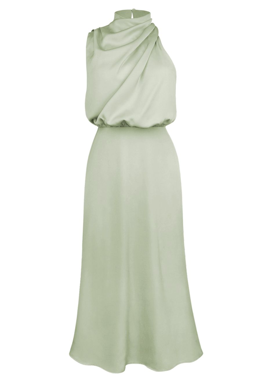 Asymmetric Ruched Neckline Sleeveless Dress in Pistachio
