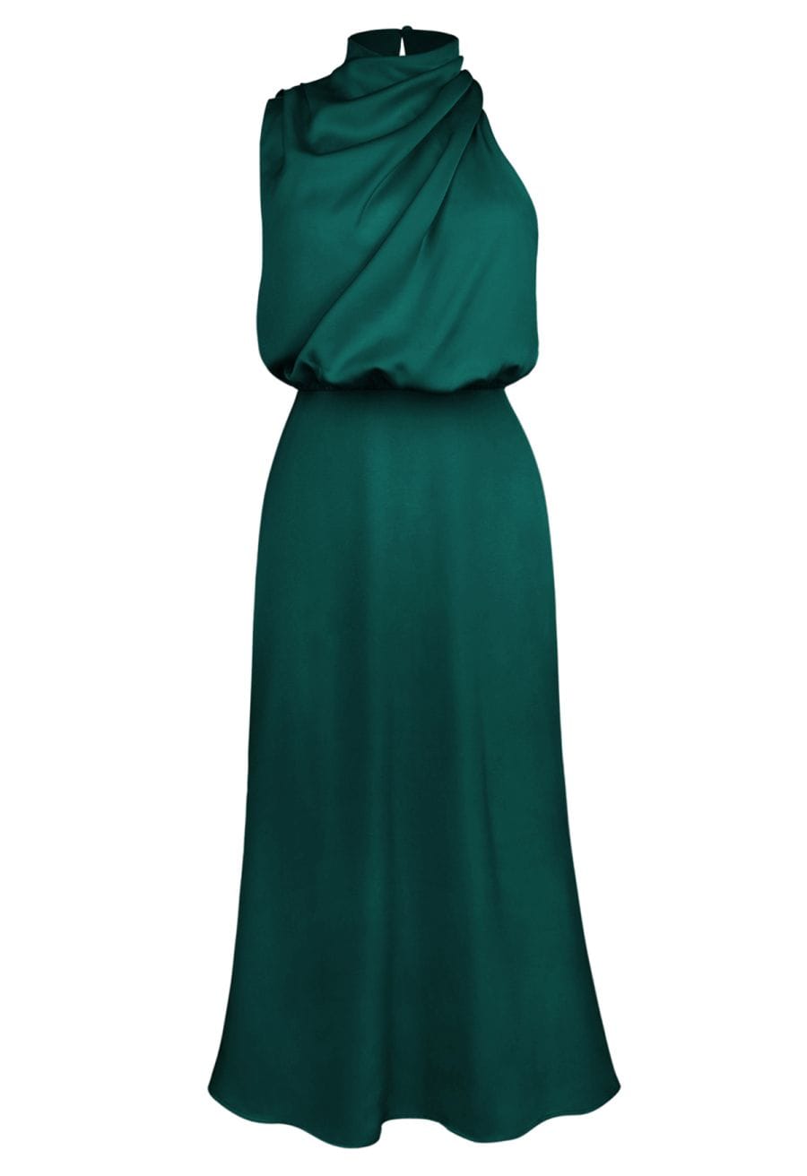 Asymmetric Ruched Neckline Sleeveless Dress in Dark Green