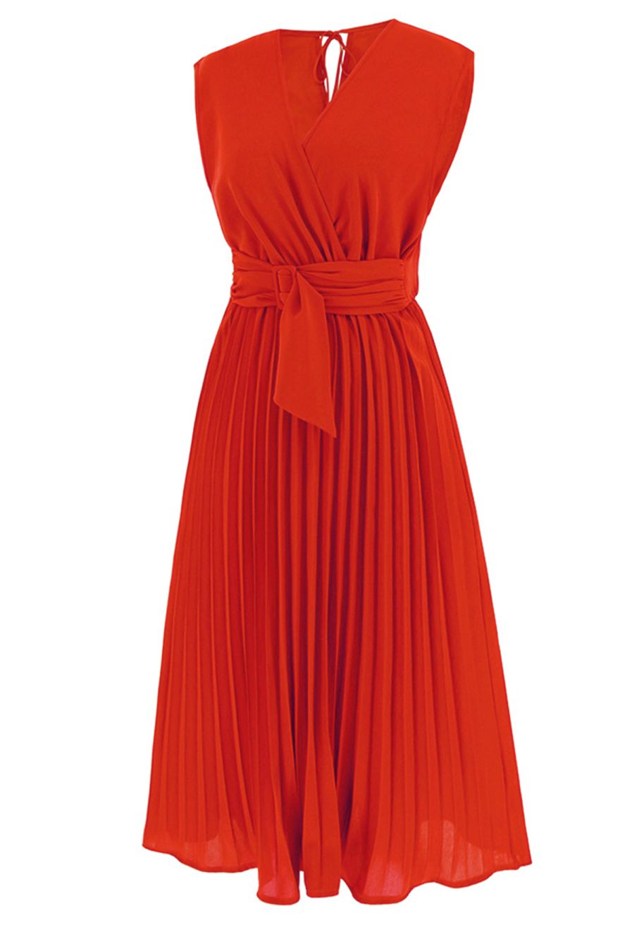 Sash Adorned Pleated Wrap Sleeveless Dress in Orange
