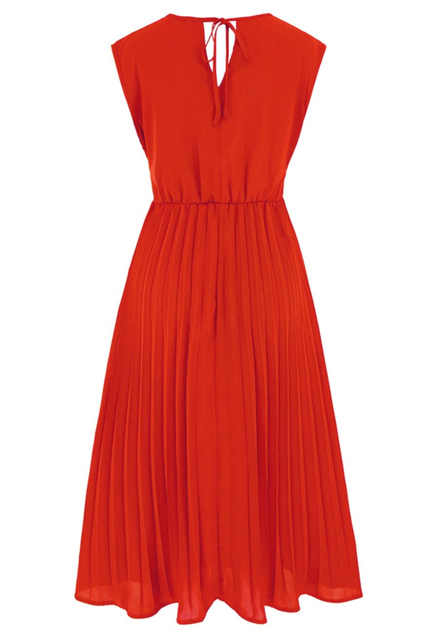 Sash Adorned Pleated Wrap Sleeveless Dress in Orange