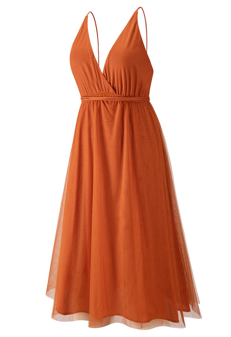 Crisscross Open Back Wrap Mesh Tulle Dress in Orange